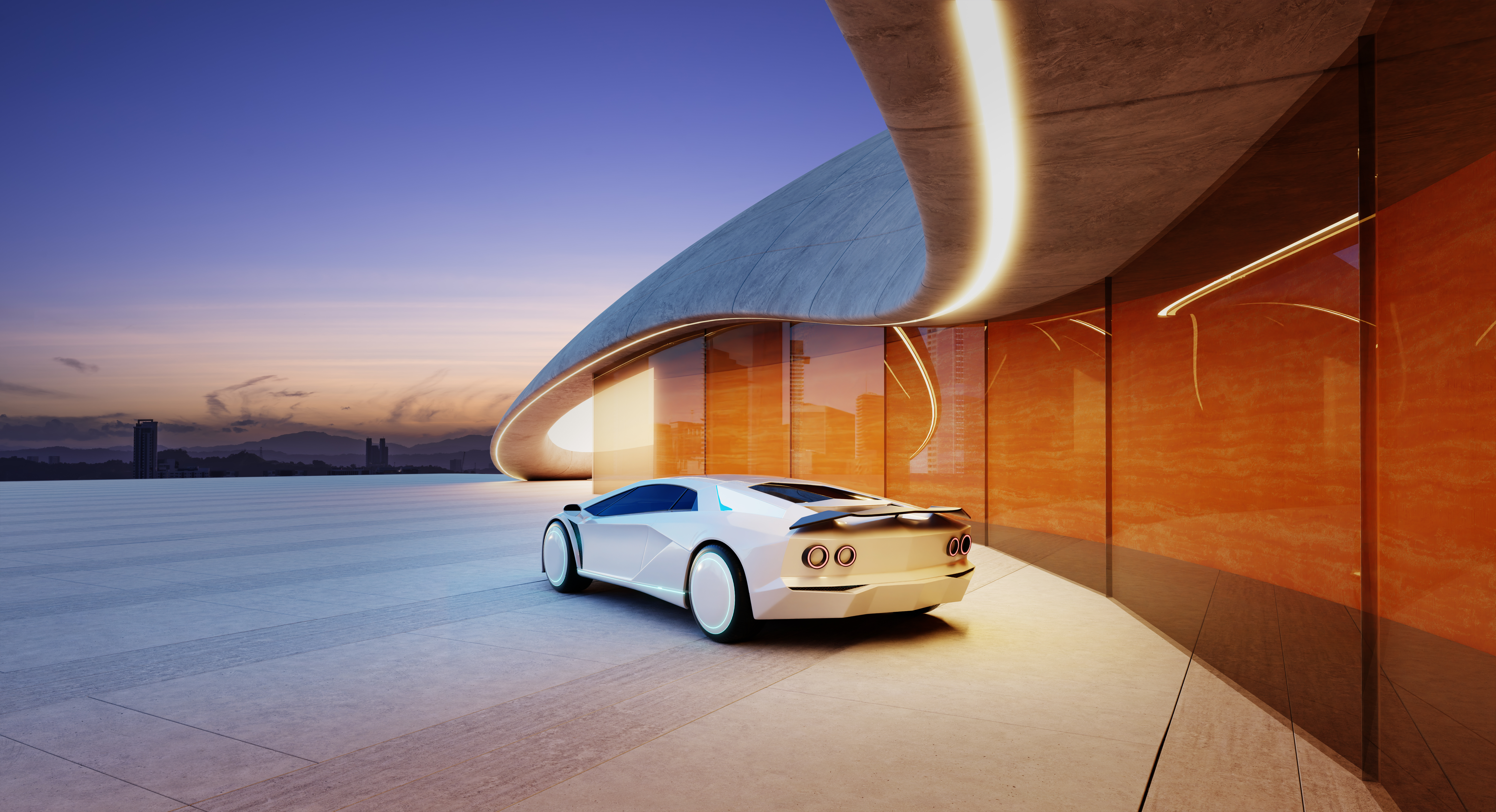 Car4Rent - 3d rendering futuristic white car parked in a mode 6f6391c5a504975a1386