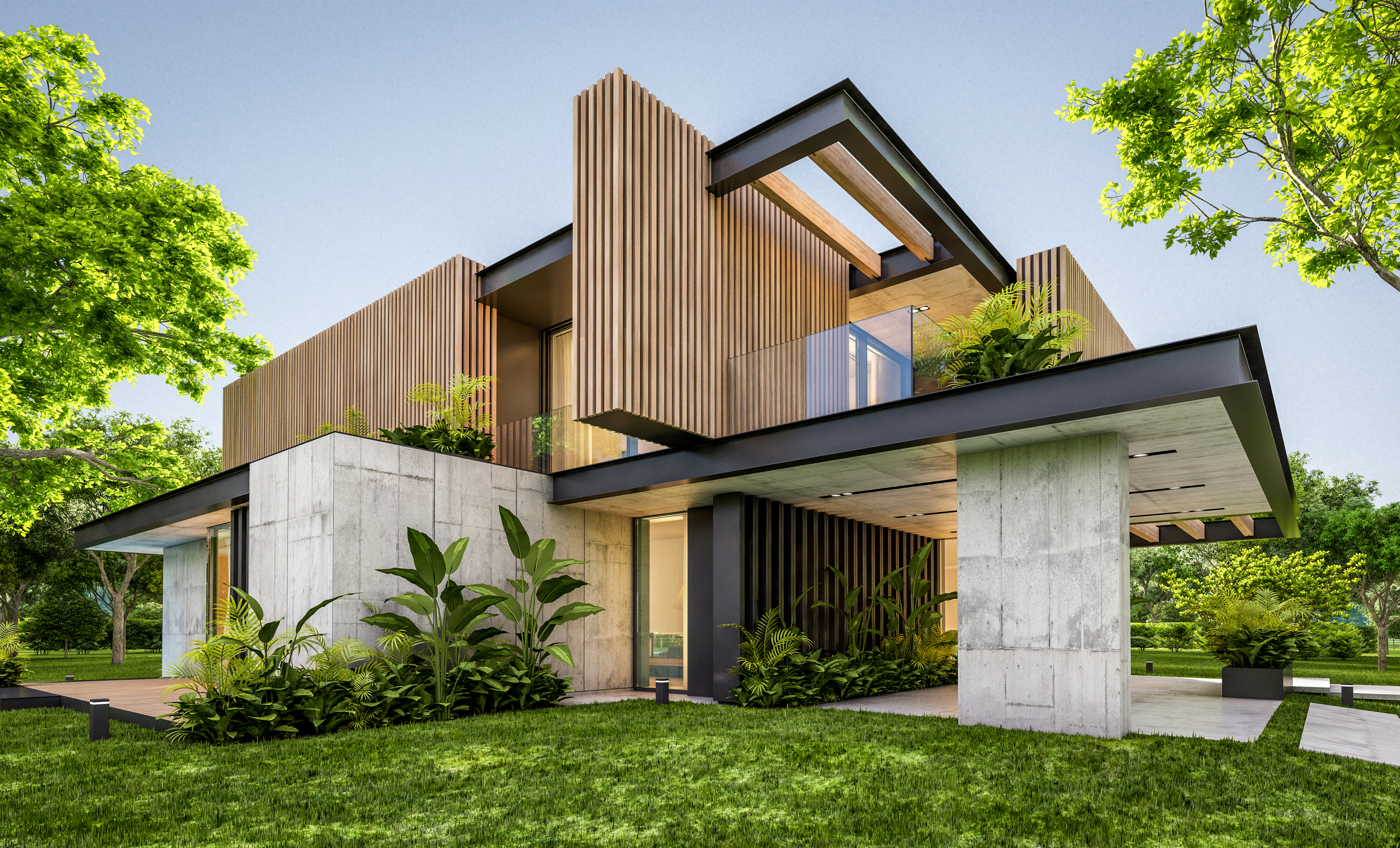 3d rendering of modern house with wood plank facad 02e8e636a3867832cacd