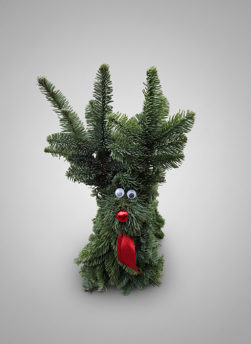 Choinka z oczami i wstążką.