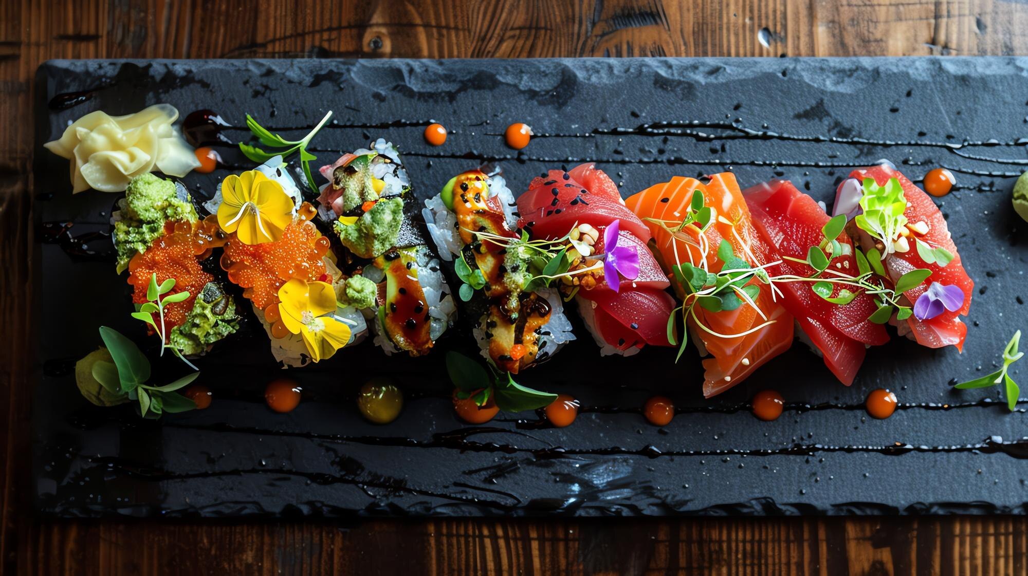 a beautiful platter of sushi with an assortment of e9c79076cab5187dff3f