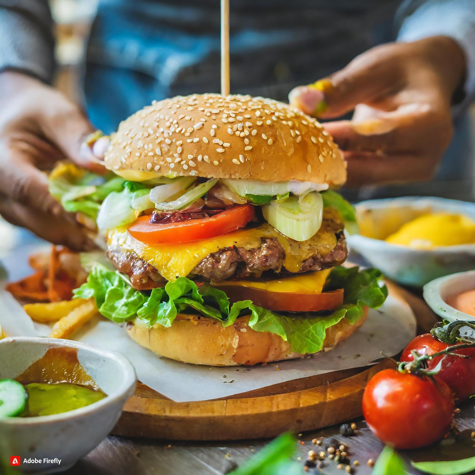 a burger cheese filled with many vegetables and me 64258596db65b97c3a94