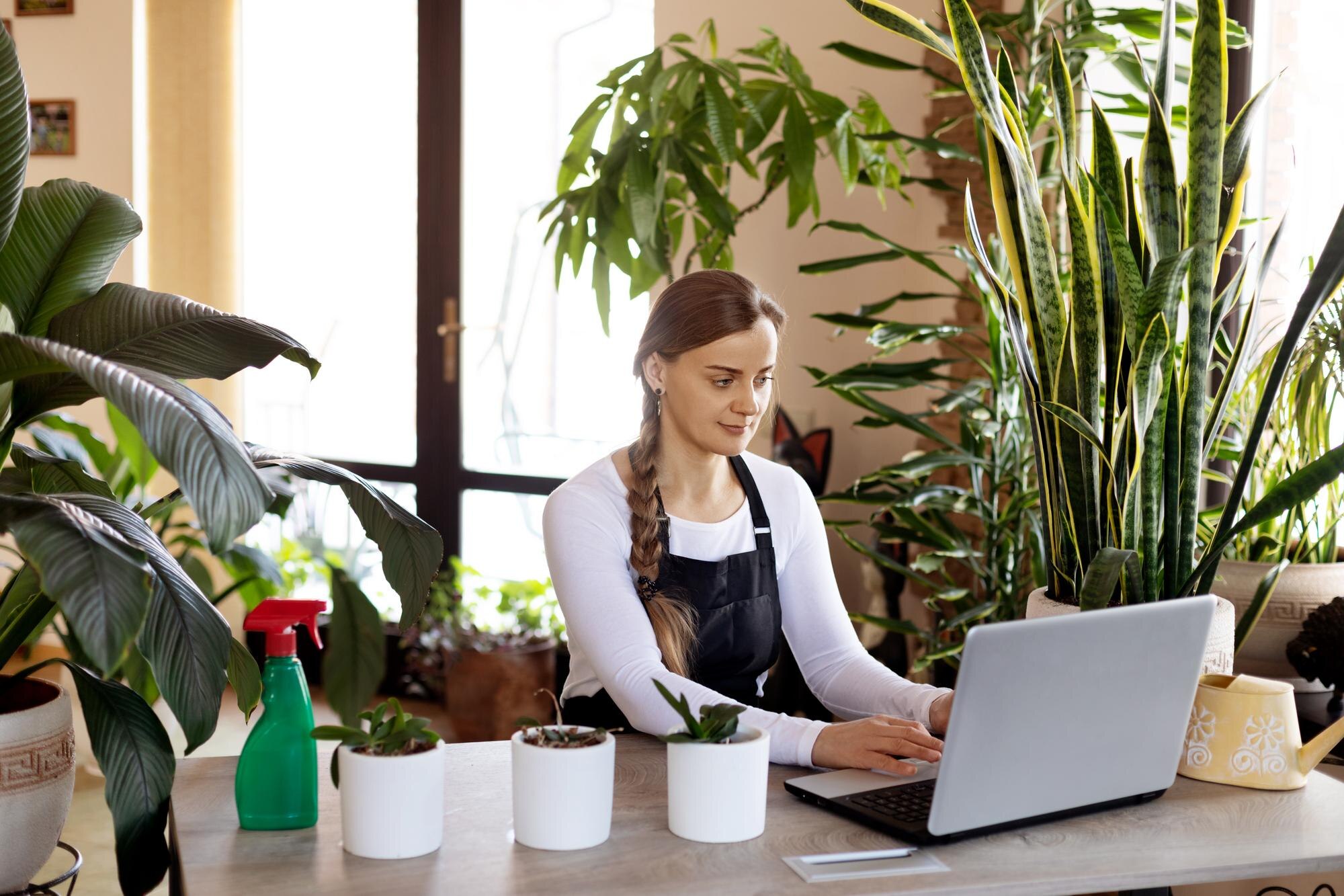 a florist girl uses a laptop while working at a fl 808f796e1296c8194993