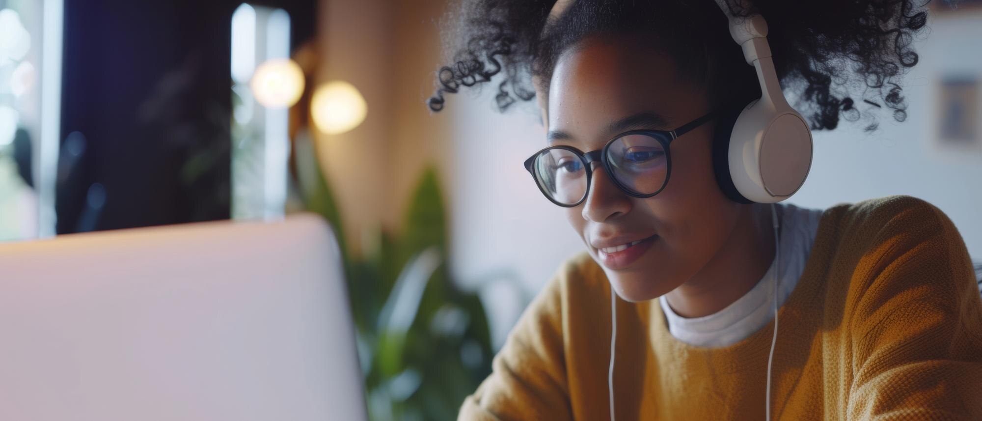 A Focused Student With Headphones Engages In Onlin 966e05883b0874536ce8