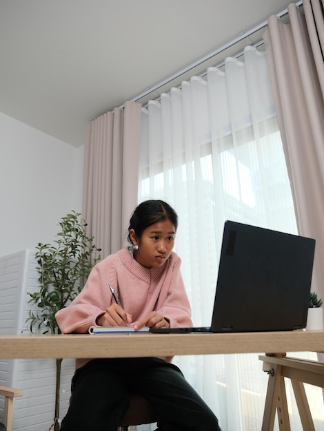a girl is sitting at a desk with a laptop and a no 486b37f1ddde7affc63c