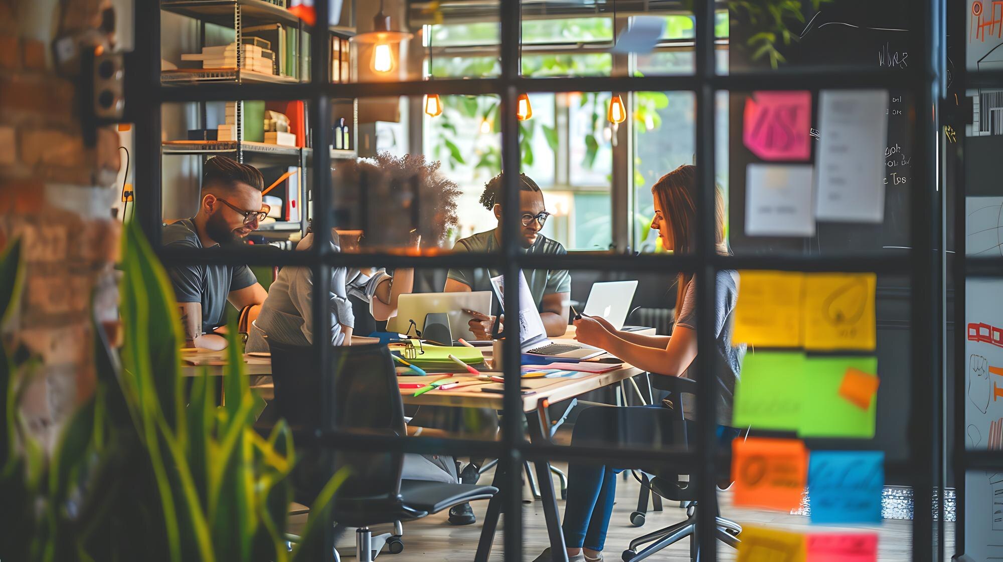 Group of diverse professionals collaborating around a table with laptops and colorful materials, emphasizing teamwork and local business strategies for enhancing online visibility and SEO.