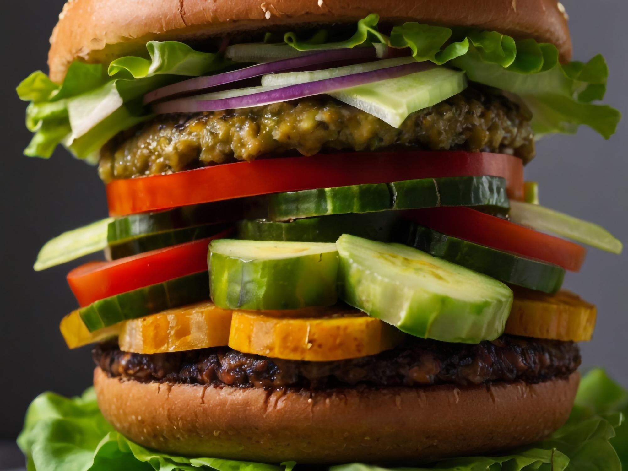a hamburger with a pickle and tomatoes on it 1d6d0131ddfdd93044f9