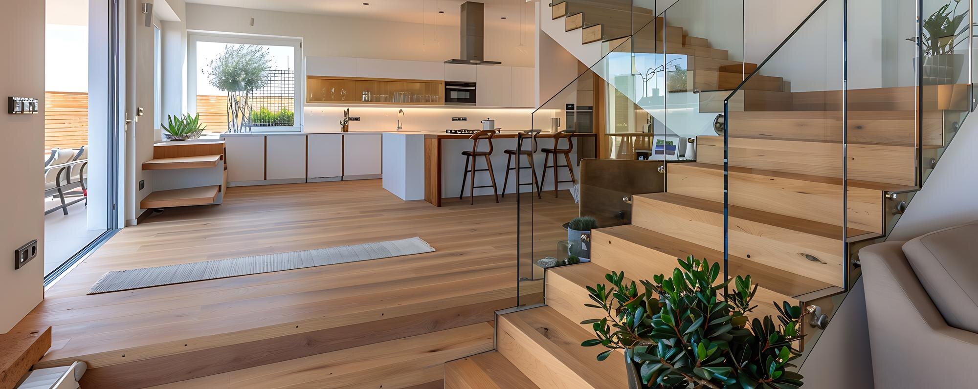a kitchen with a staircase that has a plant on it 9a30d74d1c87eece1b4e