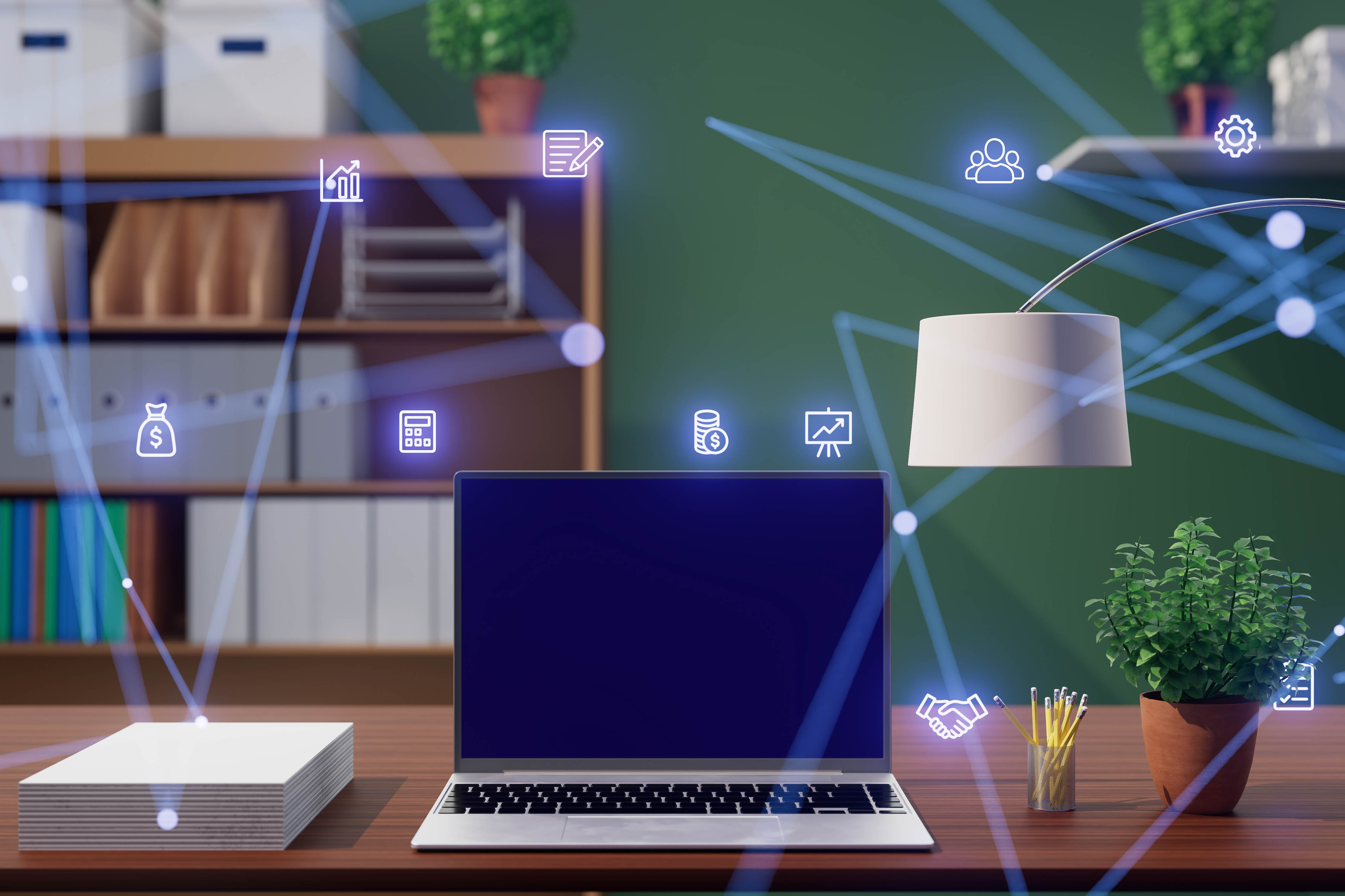 a laptop is on a desk with a plant and a lamp and fecd528d307a70c71a3b