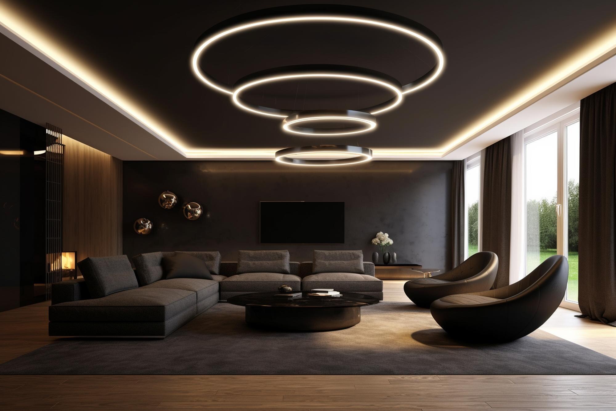a living room with a large ceiling light and a lar 9cfe93b53658dcb3e785