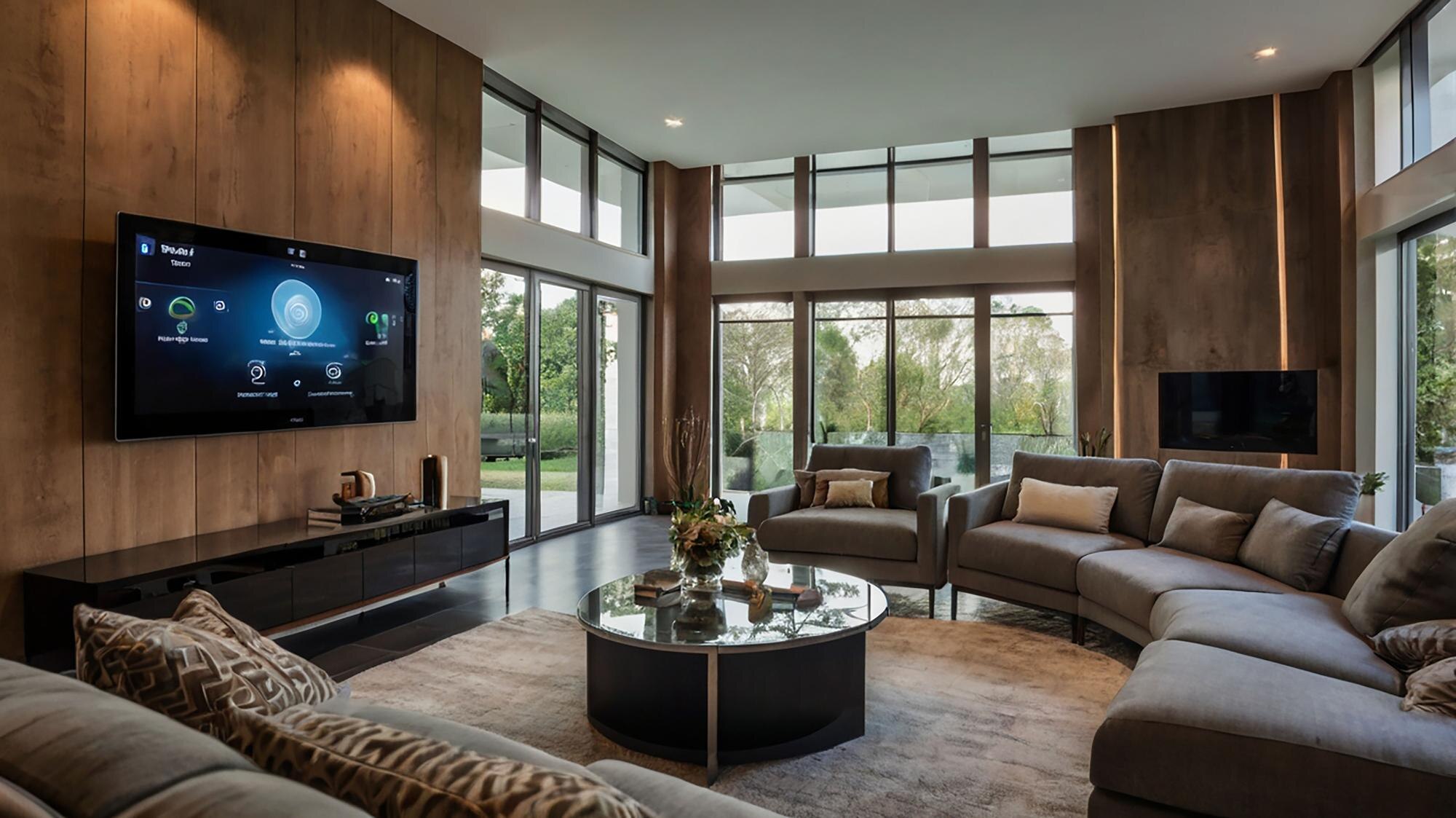 a living room with a large tv on the wall and a co 353d5a57af664c6bf740