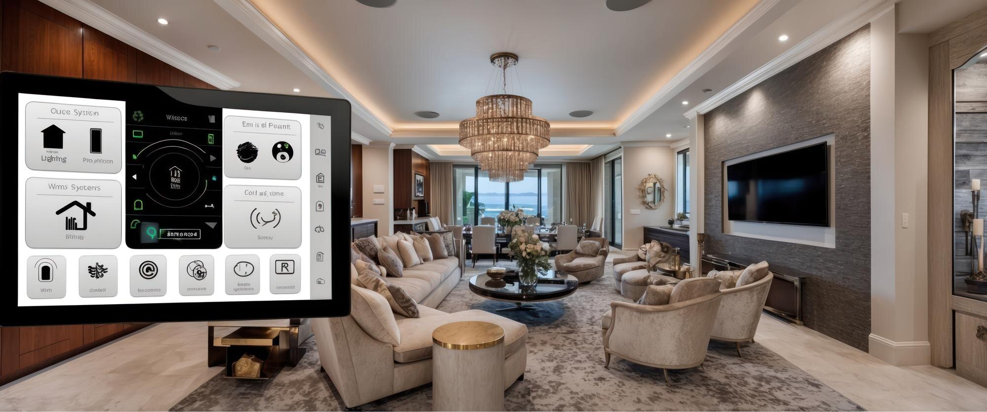 a luxurious smart living room featuring a state of d0664df4e9636a6ac82c