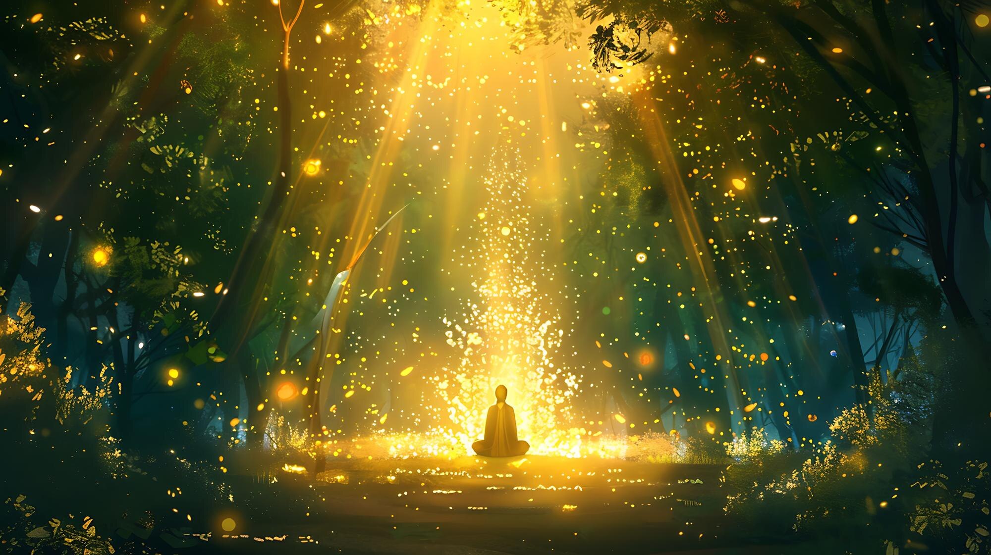 a man meditating in the forest with the sun shinin 5fb36fef4b43c0f74994