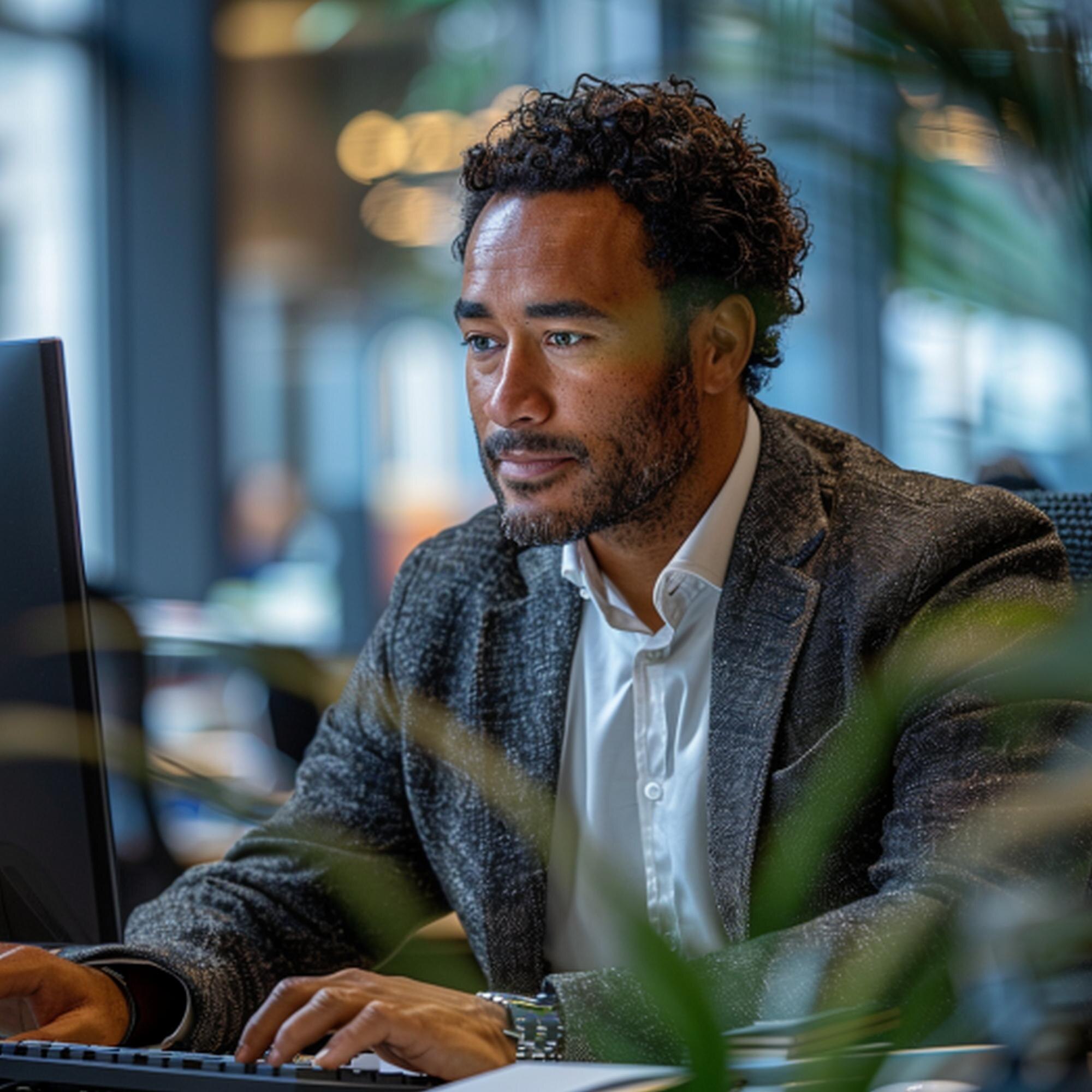 a man sits at a desk with a laptop and a plant in fb54662de396318d90e9