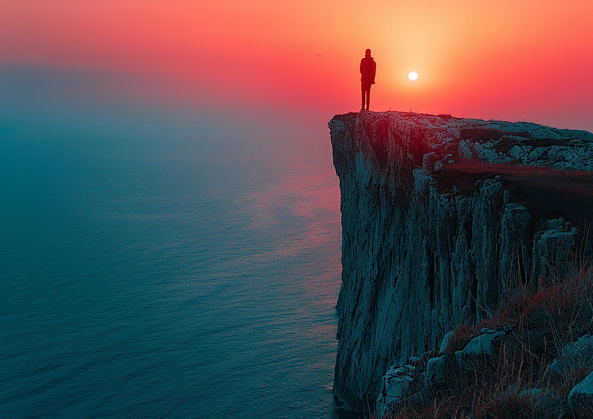 a man stands on a cliff overlooking the ocean at s 8251cbd9b11860ef94c3