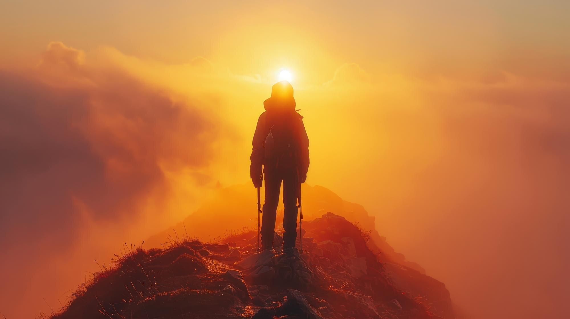 a person is standing on a mountain top with the su 2071994f2420ef69123f