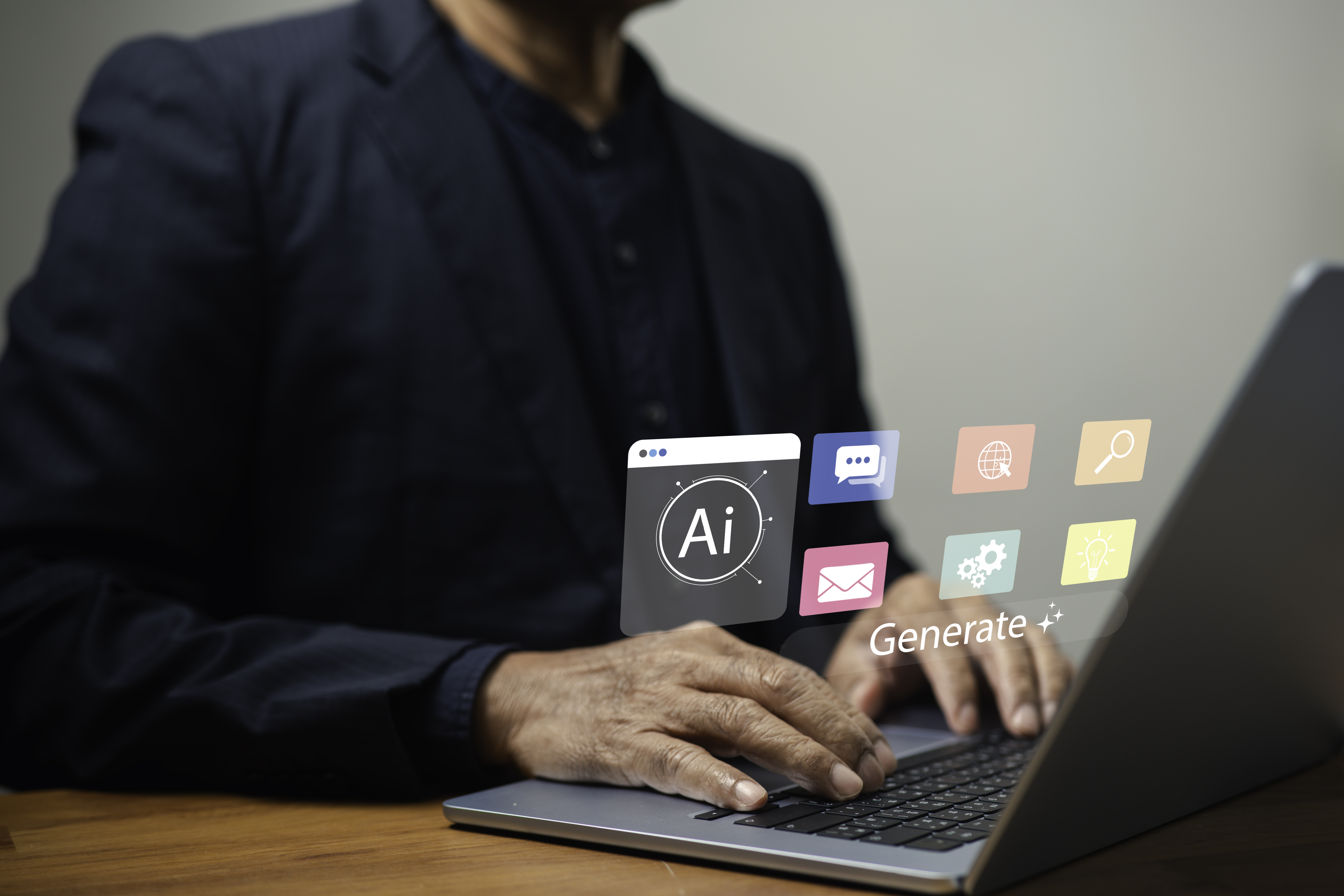 a professional using a laptop with floating ai and 53c05b561027312f501b