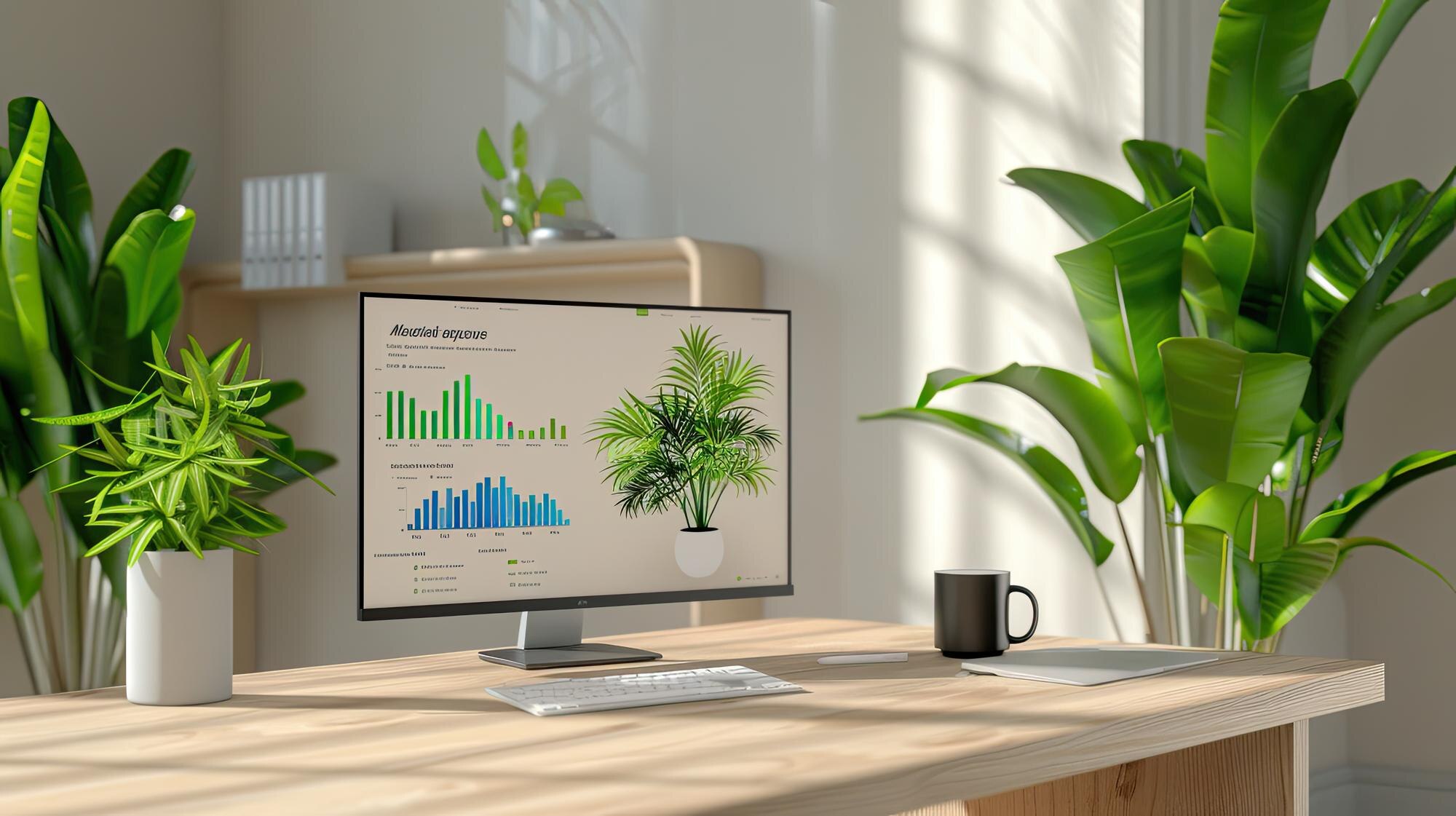 a sleek workspace with a computer displaying finan 1f71de674138f632a0fe