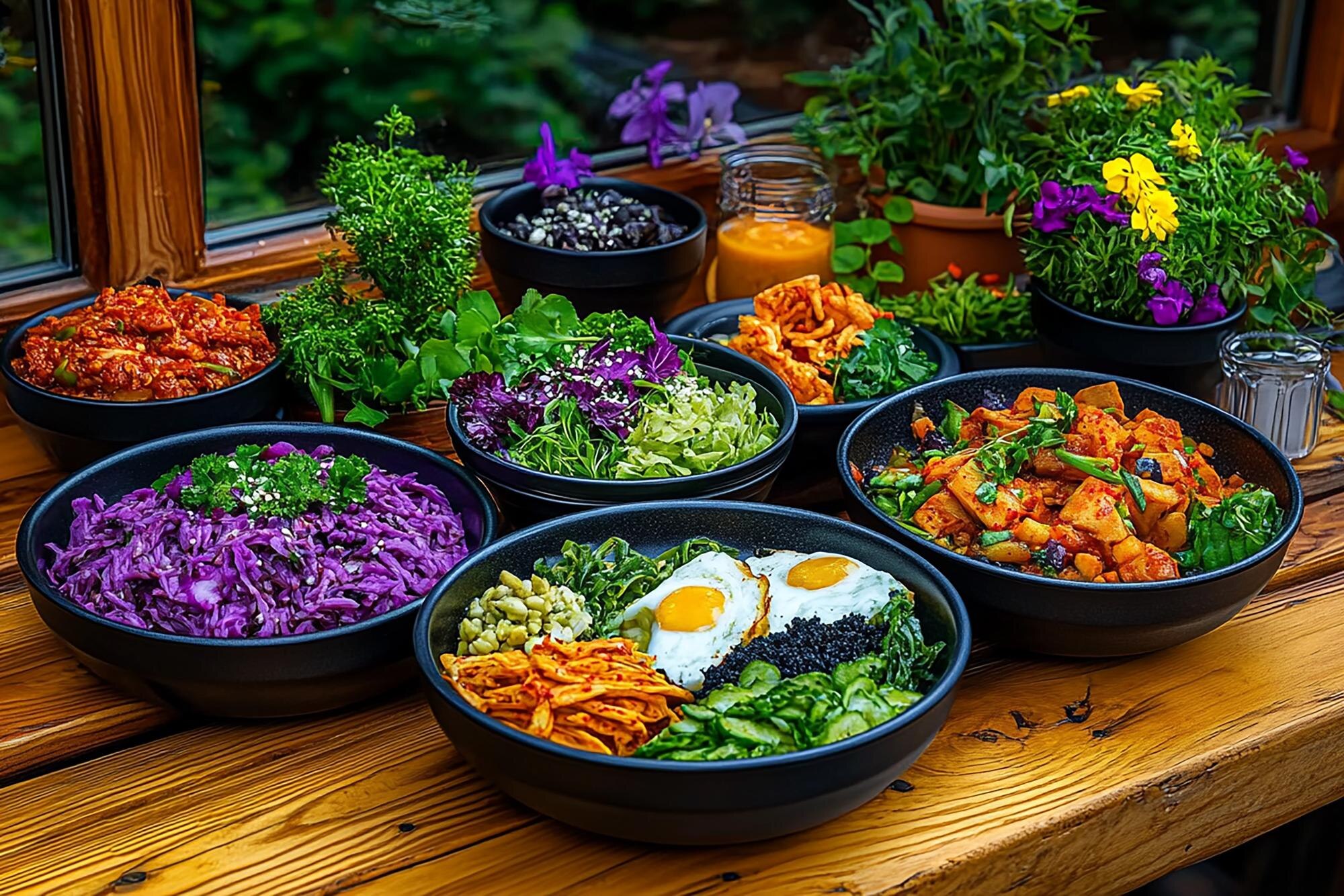 a table with many bowls of food including eggs car 202b47930ddb3d580131
