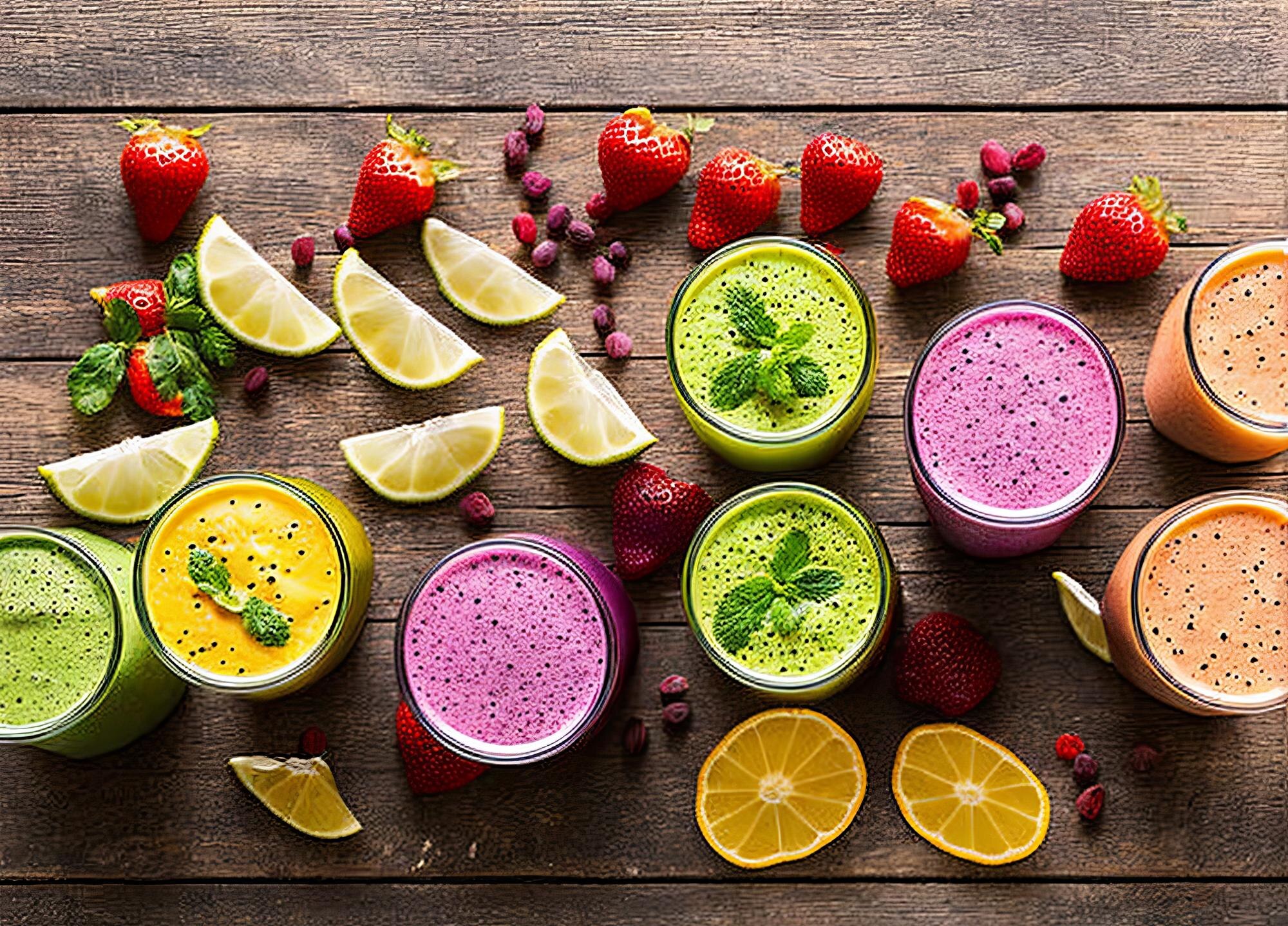 a variety of smoothies on a wooden table dada22bf1a9c64d16bdc