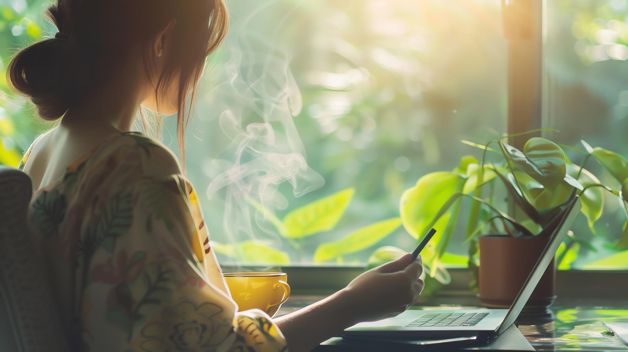 Mindful Money: How Mindfulness Transforms Financial Decision-Making 4 a woman sits by a window with a laptop and a cup o 7ea371e13f147837d745