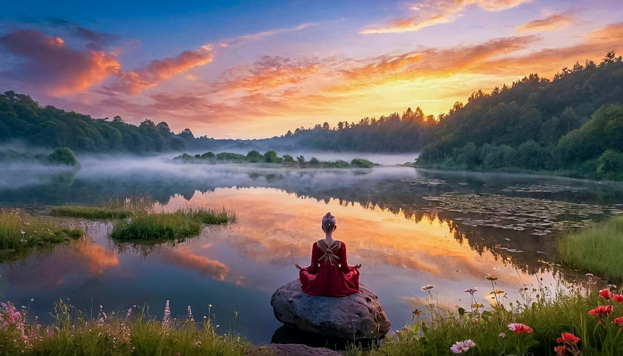 a woman sitting on the rock meditating at the lake 33d99325ac078b3fa2e6