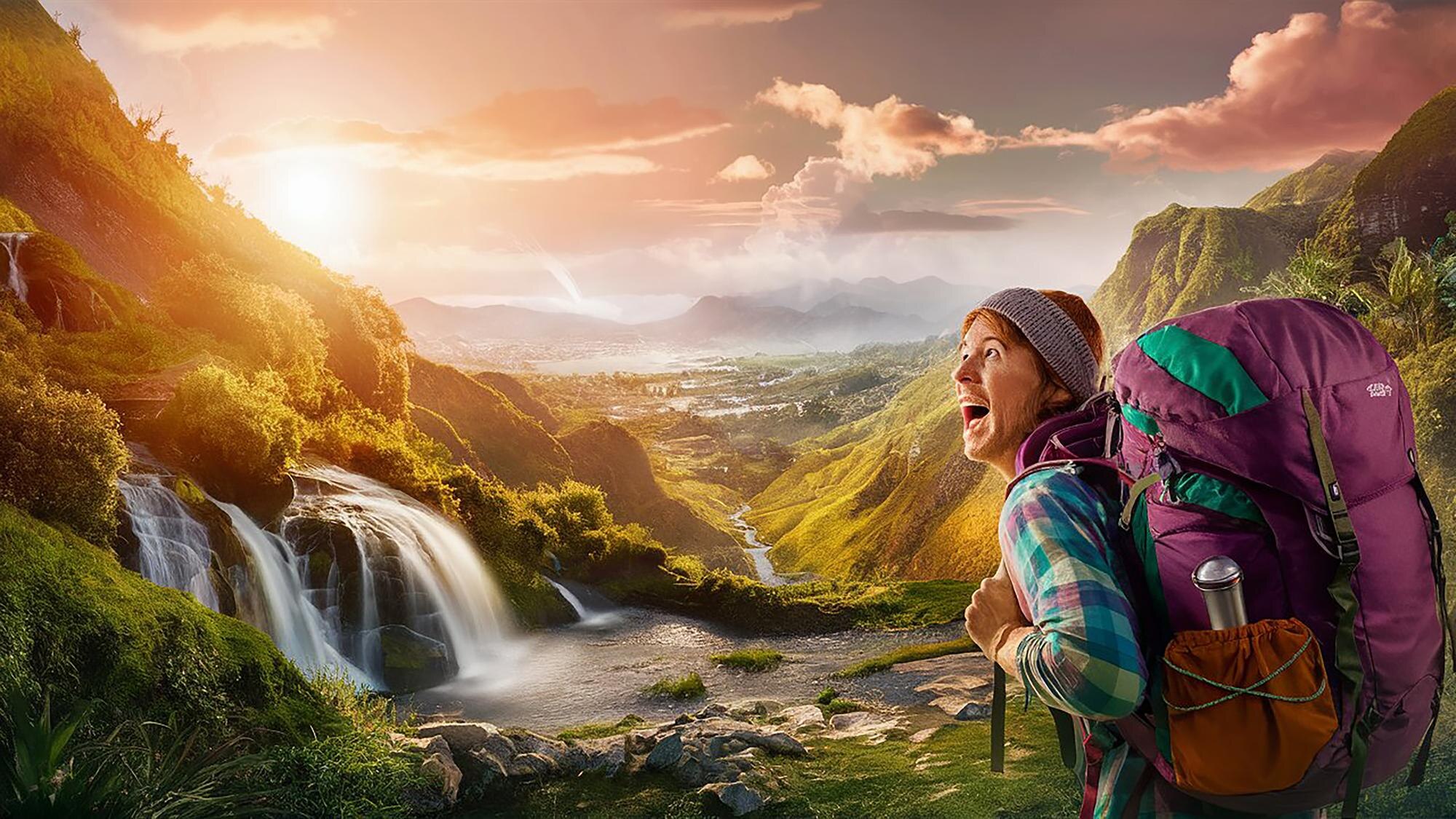 a woman with a backpack that says quot waterfall q 66939c0dbff3ed5d0e6e