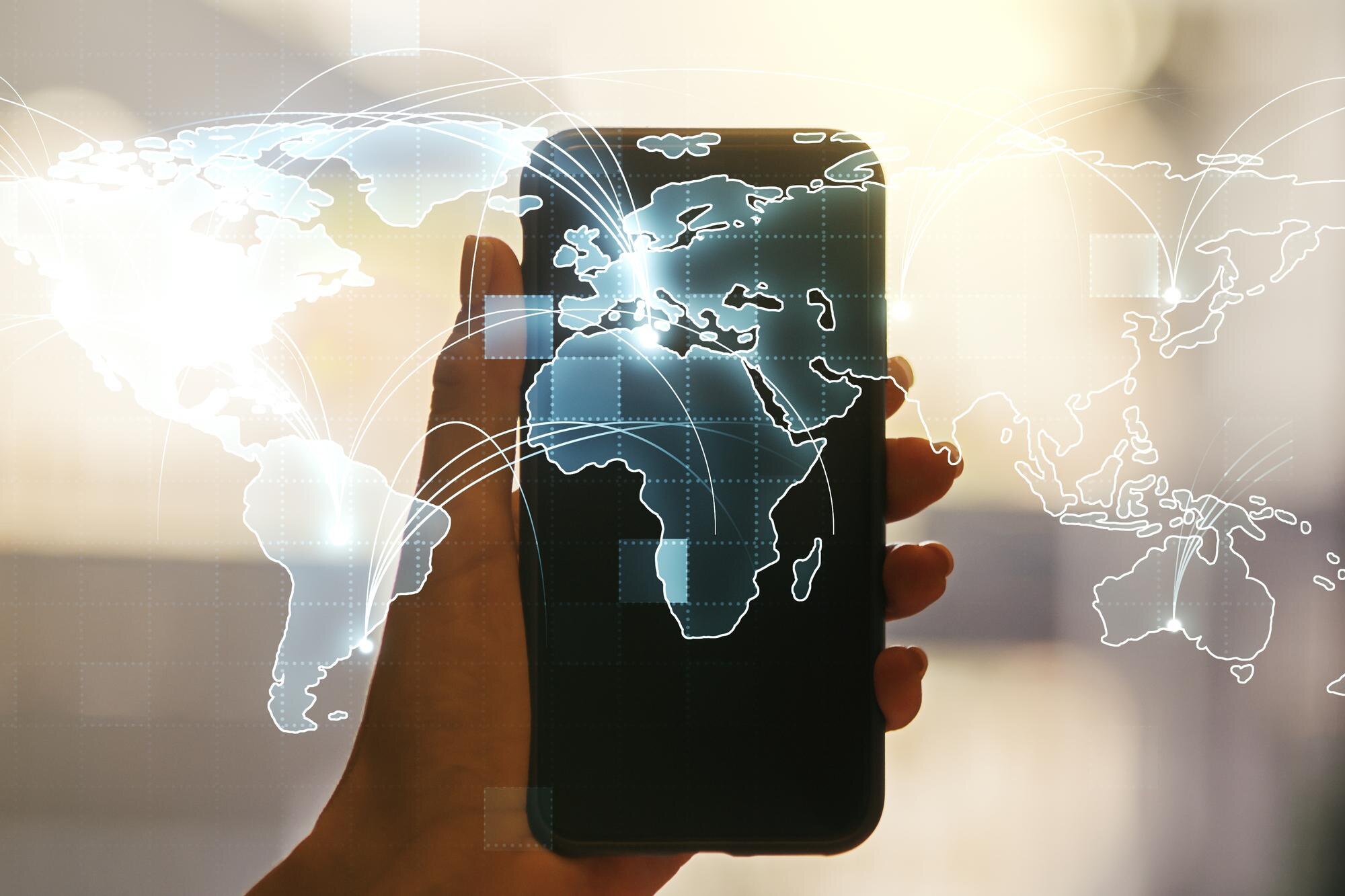 Embrace the Freedom: Multiple Networks, One Device, Zero SIM Juggling 2 abstract graphic digital world map with connection 698f35c3307f728a14ed