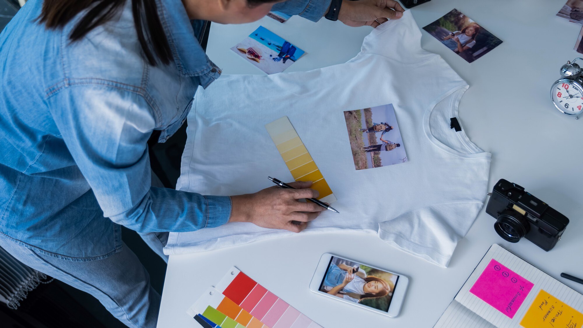 Designer thinking about a custom t-shirt printing layout