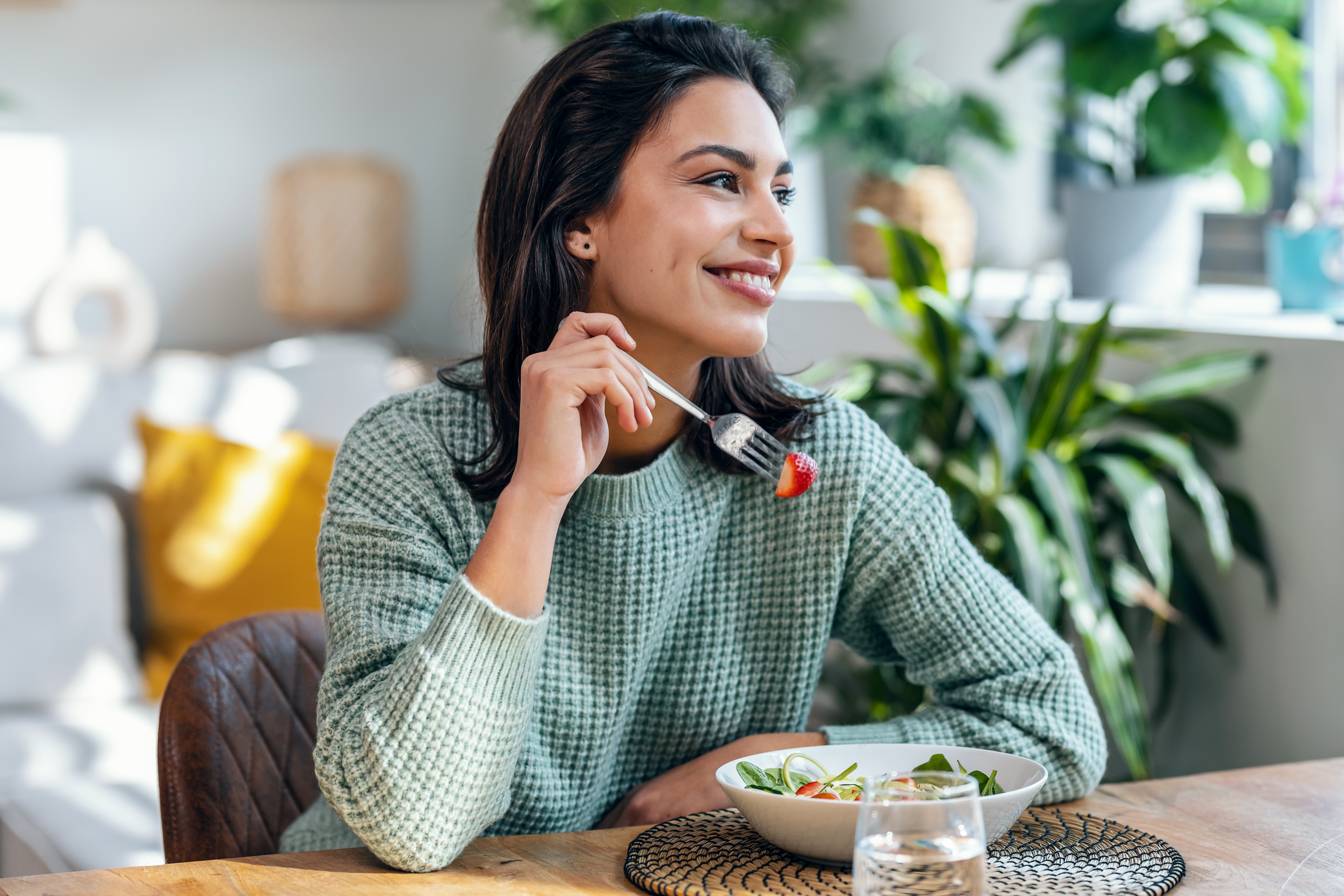 Beautiful Smiling Woman Eating Healthy Salad At Ho 388F02Ae5659De06702B