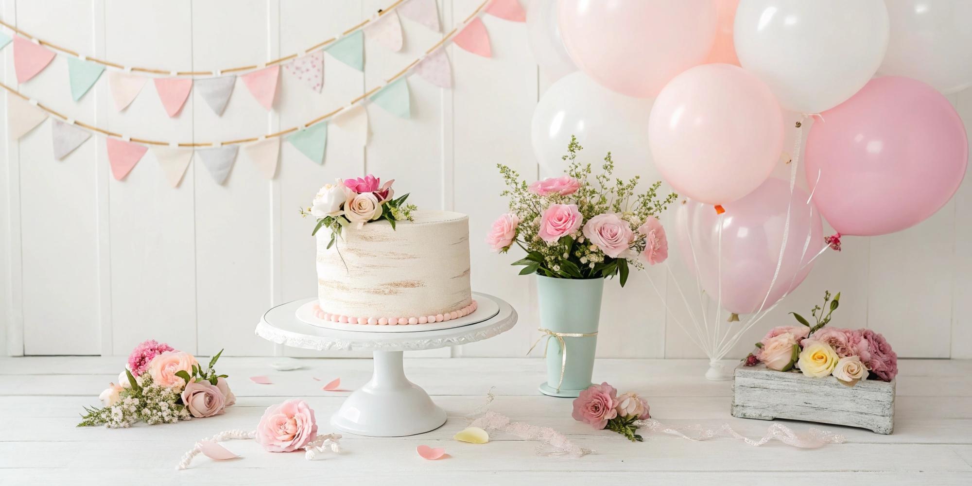 Mesa de celebración con pastel y globos pastel
