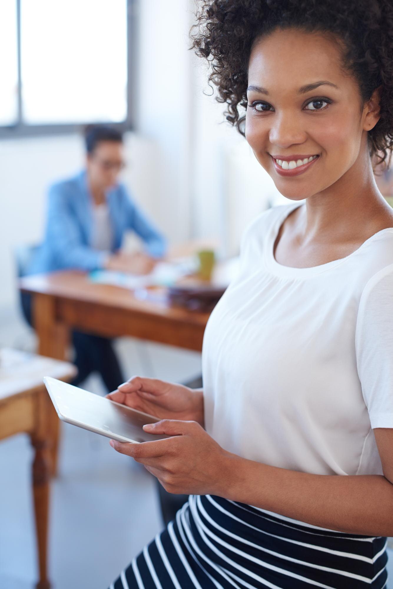 Black Woman Portrait And Tablet In Office With Hap 1954C3429E17Fc98Eca6