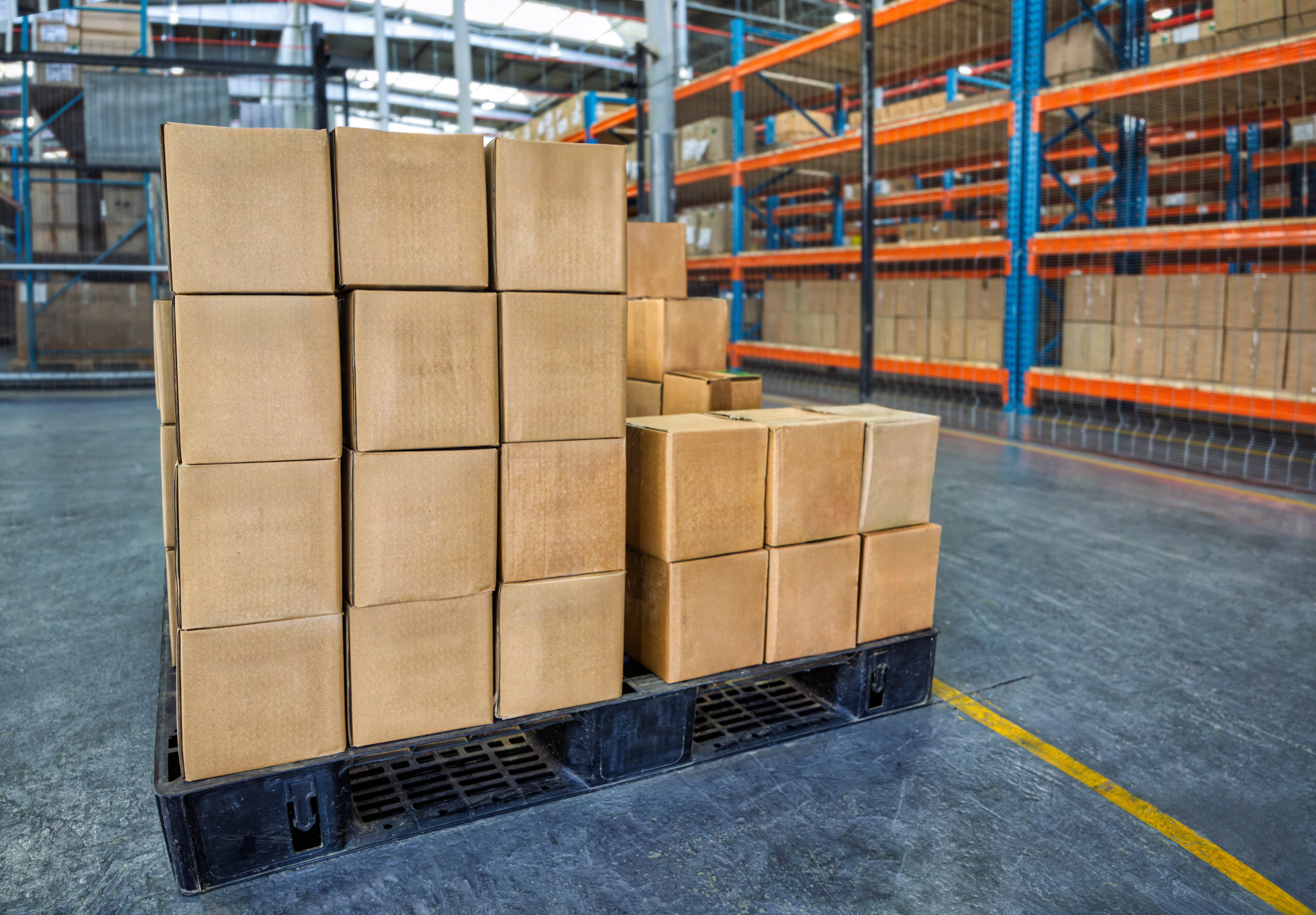 boxes on pallet cardboard warehouse full shelves c262bebe01291a0b403e