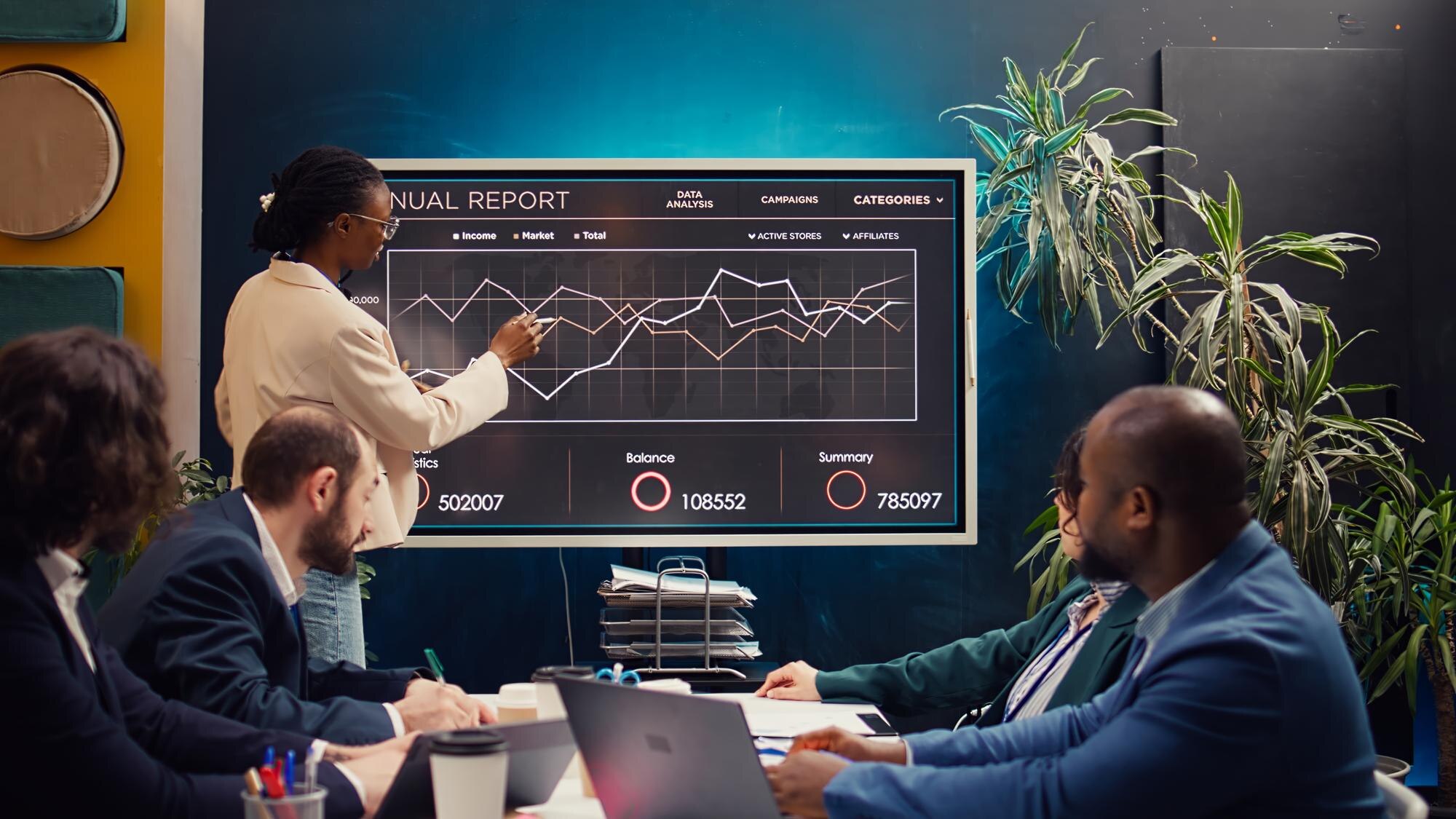 Business employee doing a presentation with projec