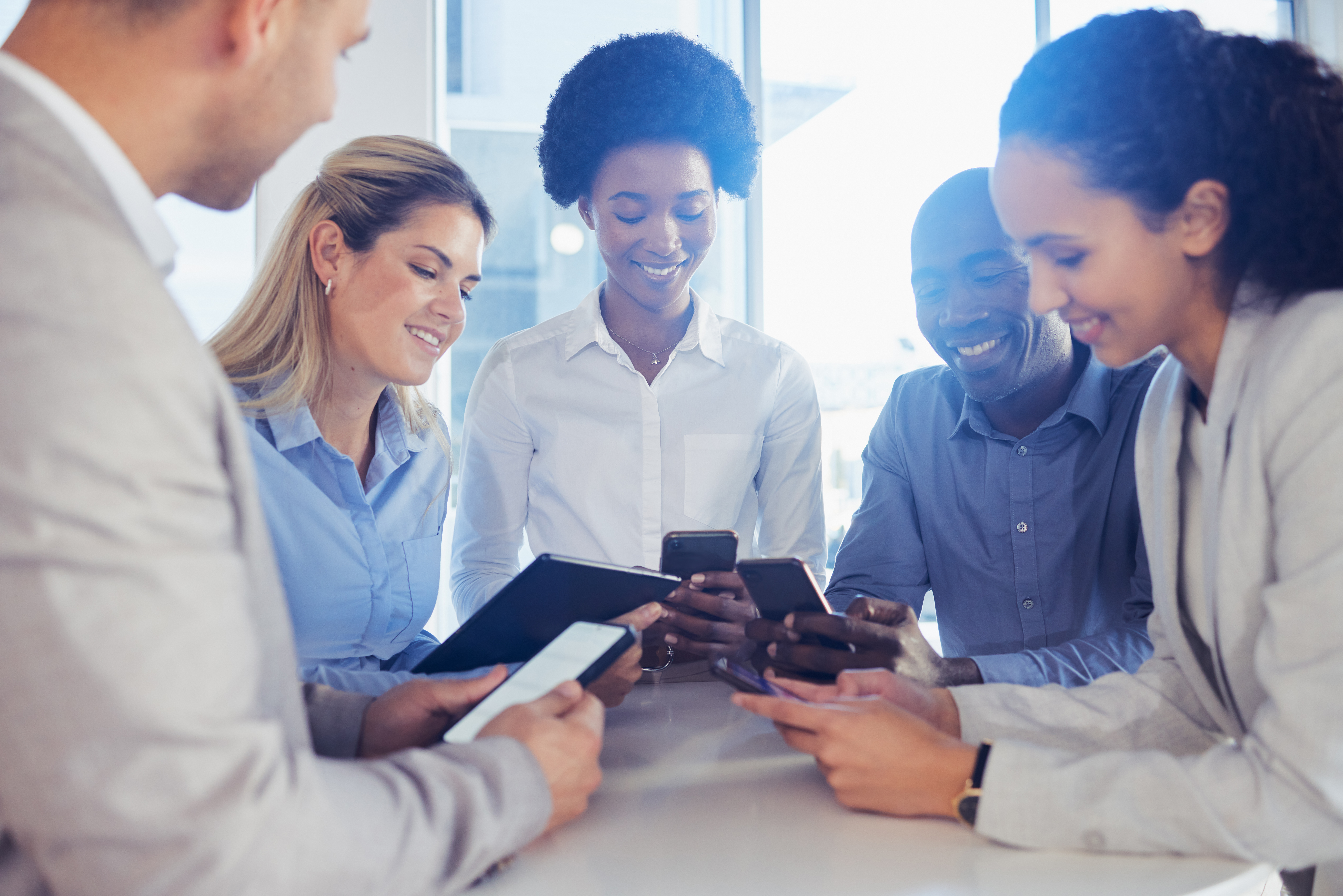 business people friends and phone at desk circle 9ed0459d7aab75b4cc8b