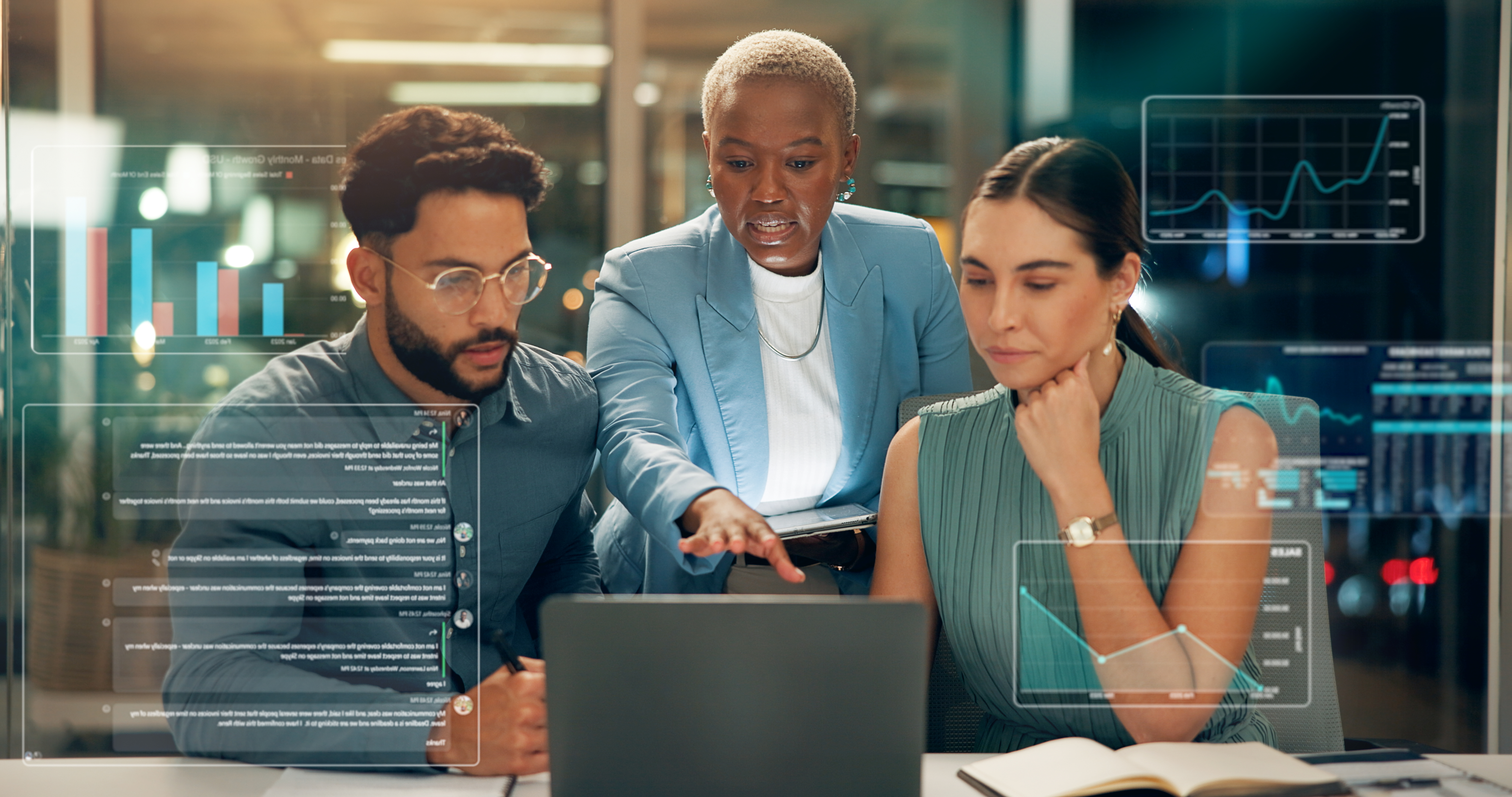 Business professionals collaborating over a laptop, analysing data visualisations and graphs, emphasising AI-driven strategies for enhancing online visibility and reputation management.