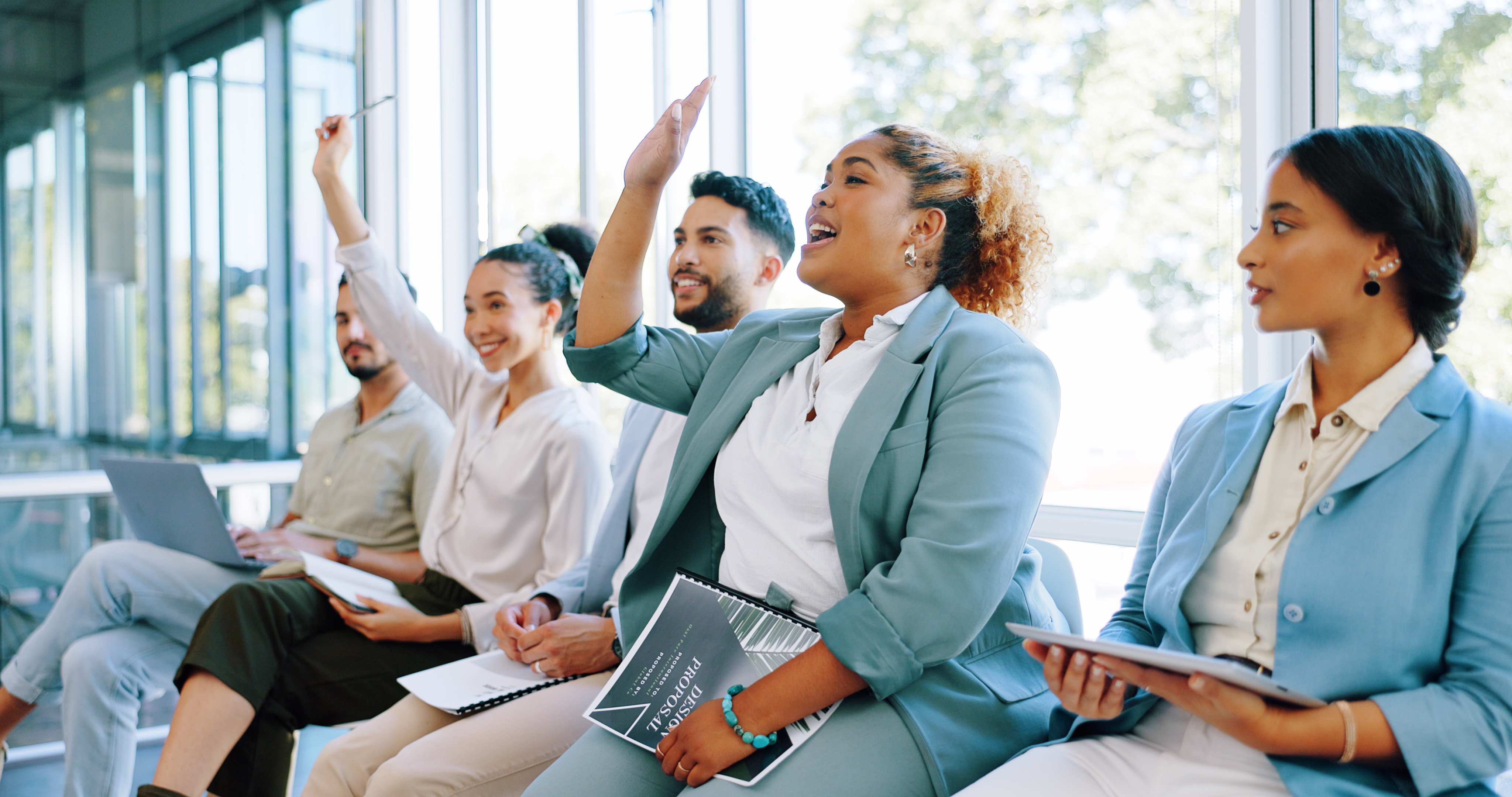 business people question and hands raised in meet e44f60f59595eddde17e