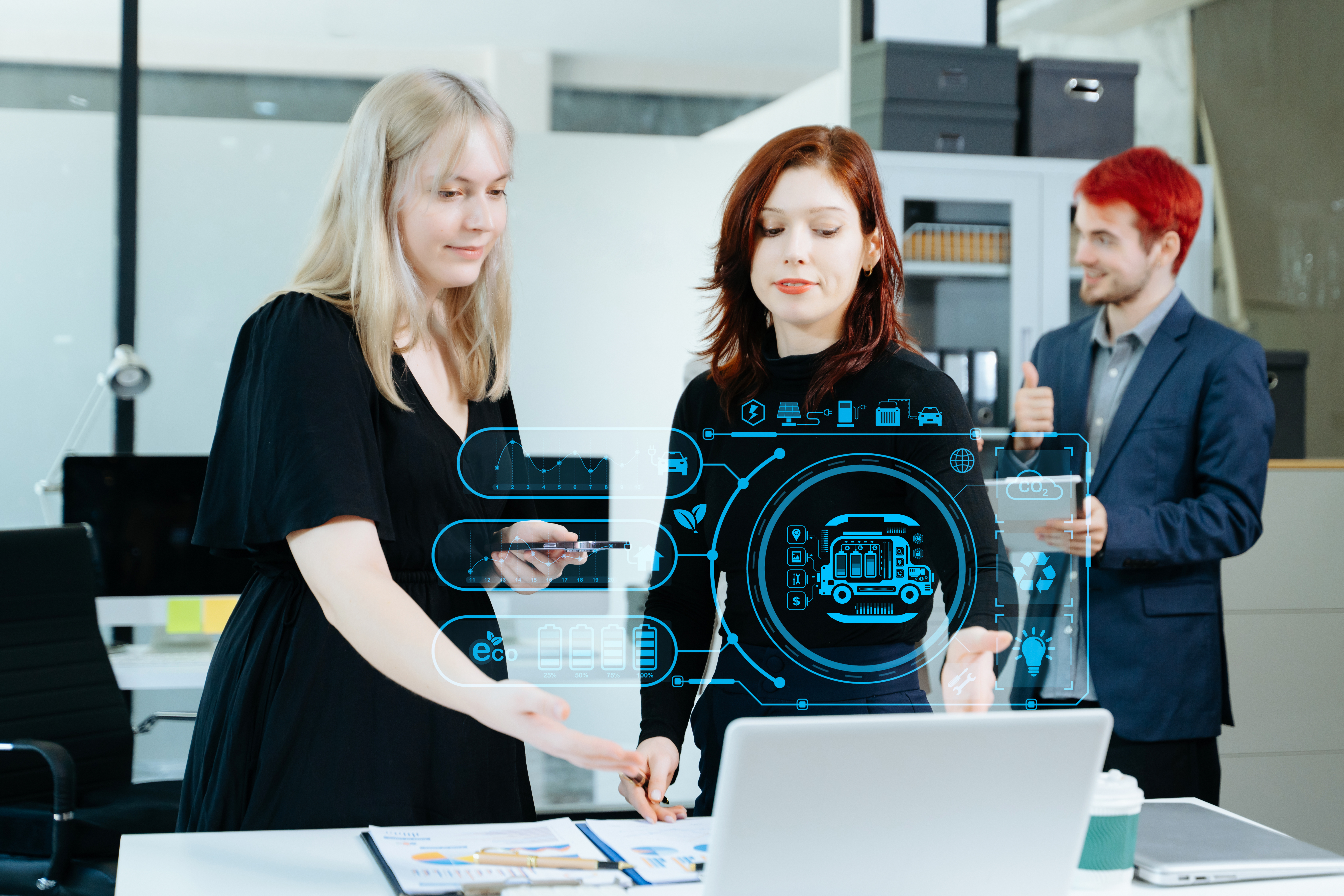 Business team collaborating with futuristic digital interface, analyzing data and discussing local SEO strategies in modern office setting.