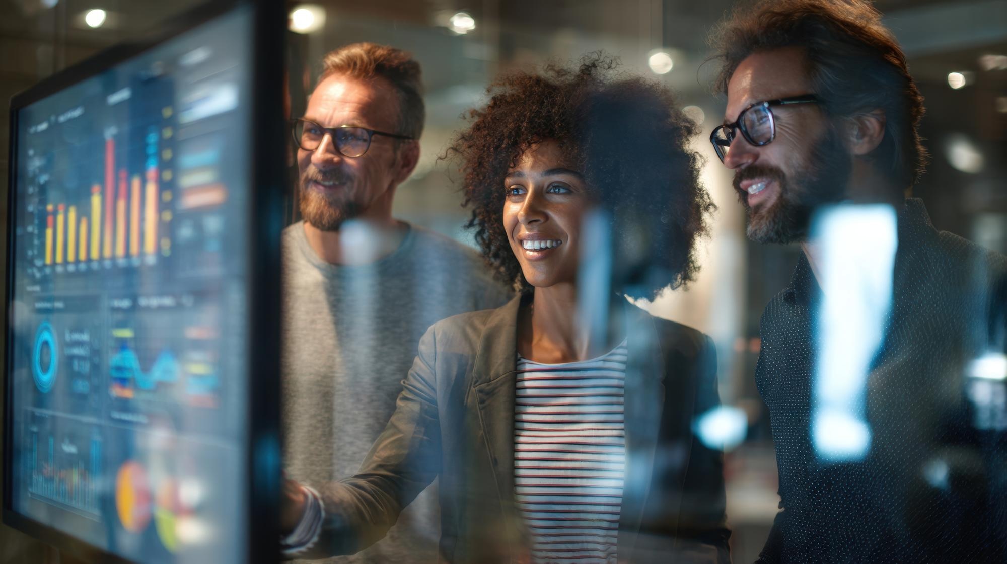 Business team analysing AI analytics dashboard, discussing data insights for improved customer engagement and SEO automation.