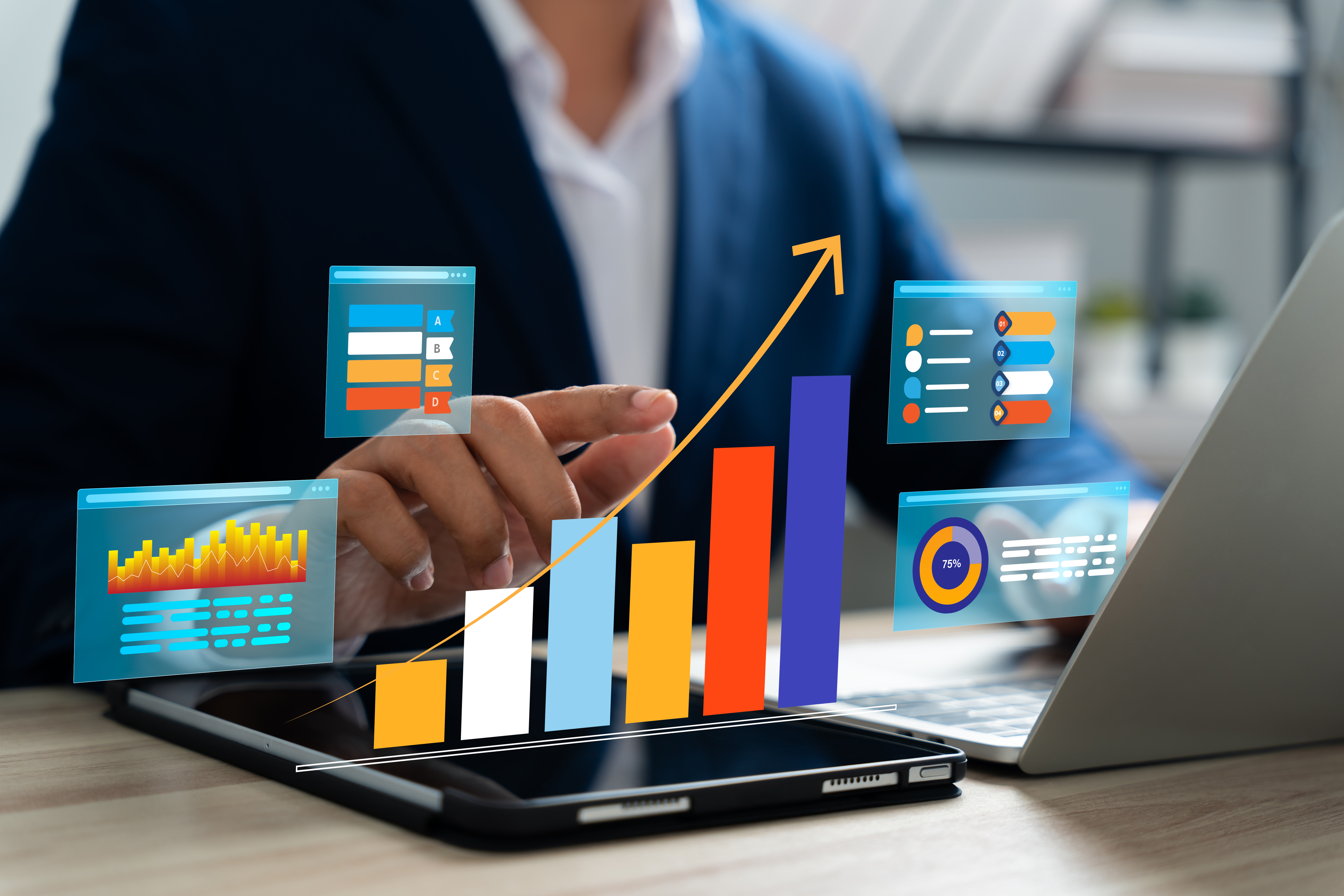 Businessman Analyzing Data On Tablet With Hologram 122d6f195a9ea9564e88