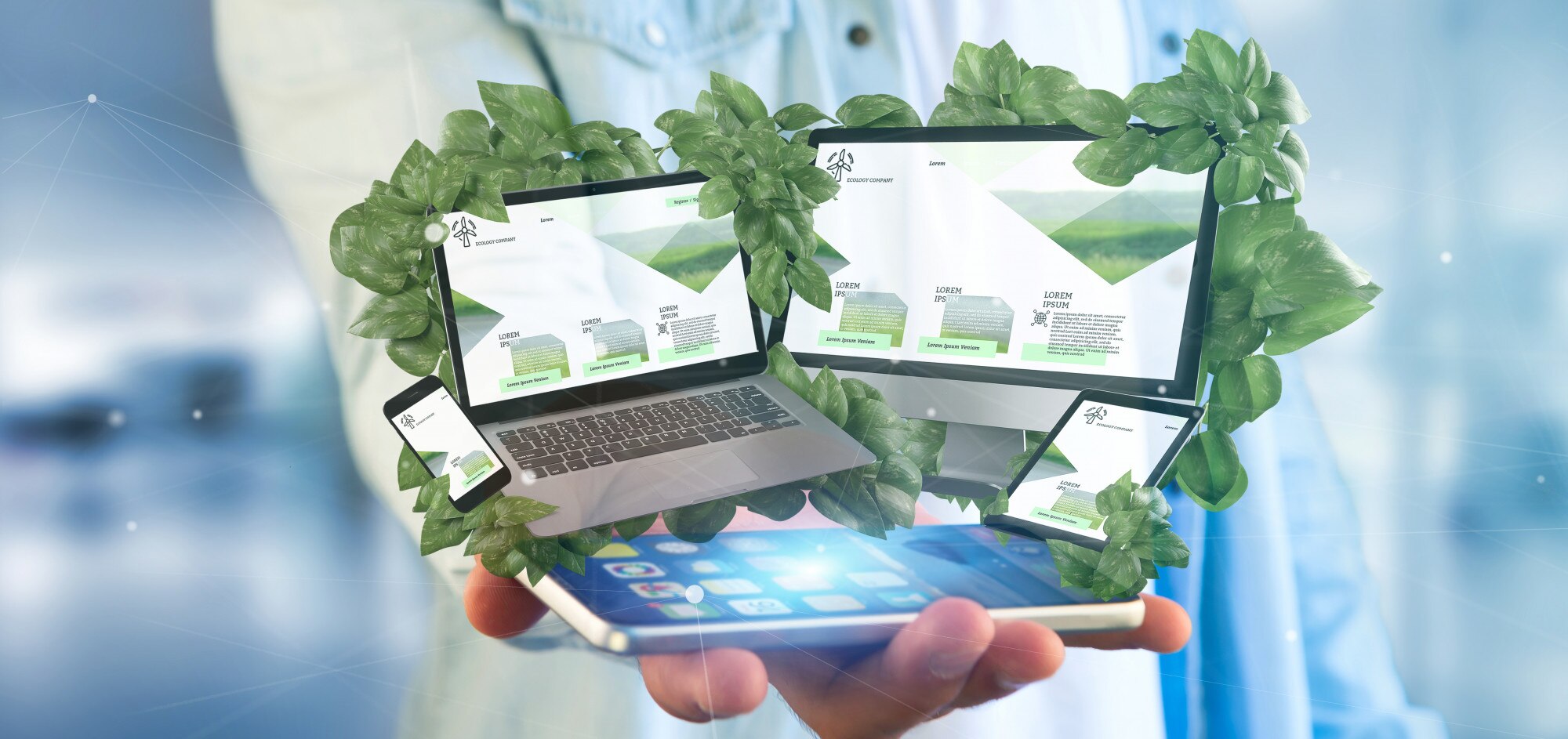 businessman holding a connected devices surroundin 95f5e6789b4e66b05b74