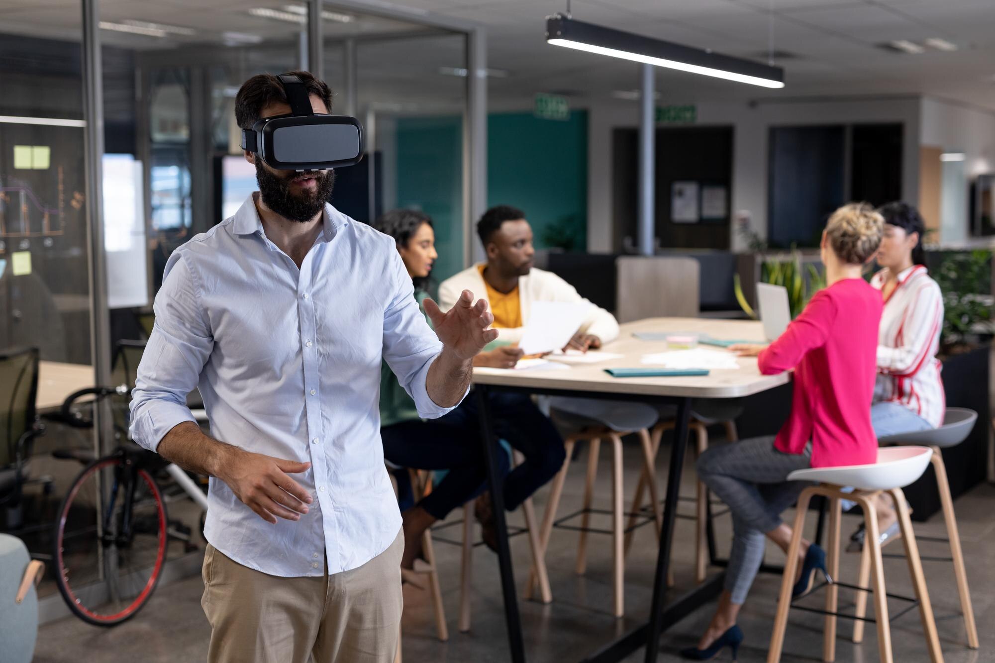 caucasian businessman wearing vr headset against m f3c7984bcc64e55094b9