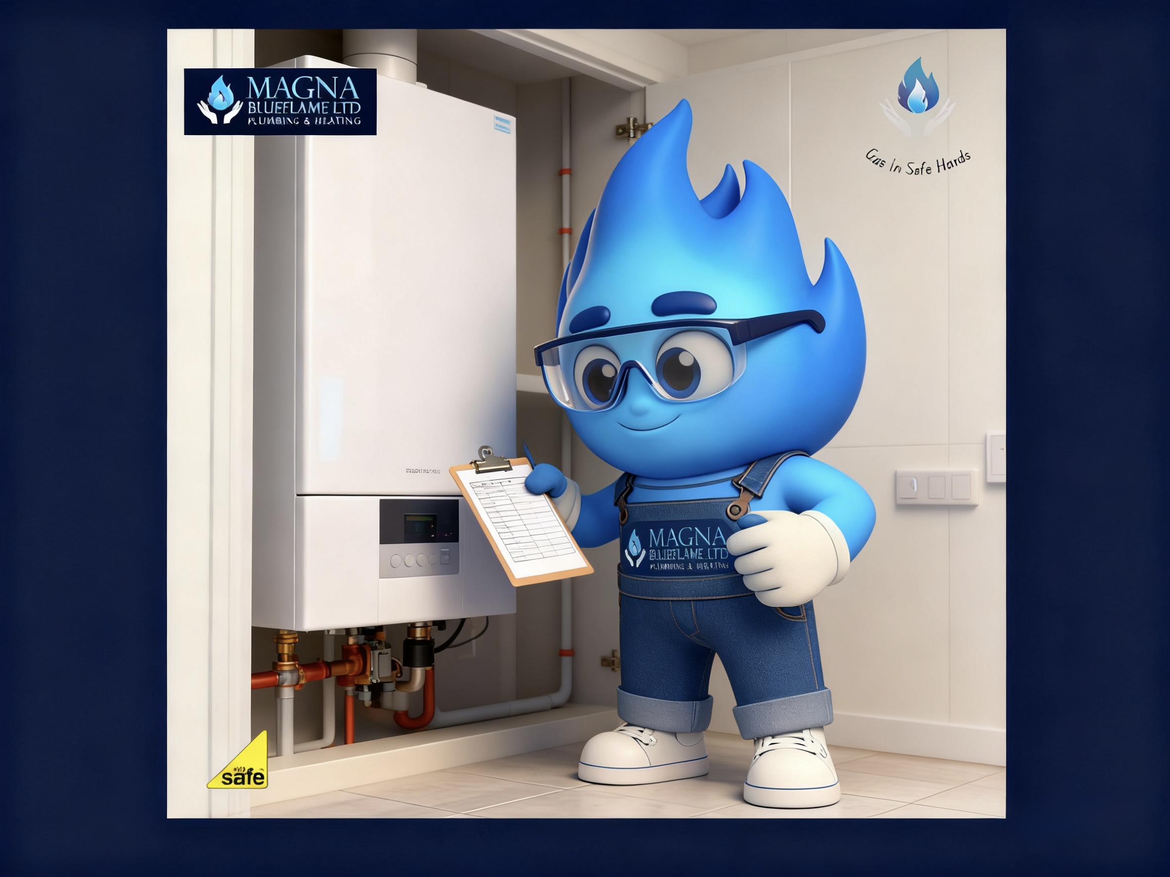 Boiler installation and repair service by Magna Blueflame with Blaze mascot inspecting a boiler