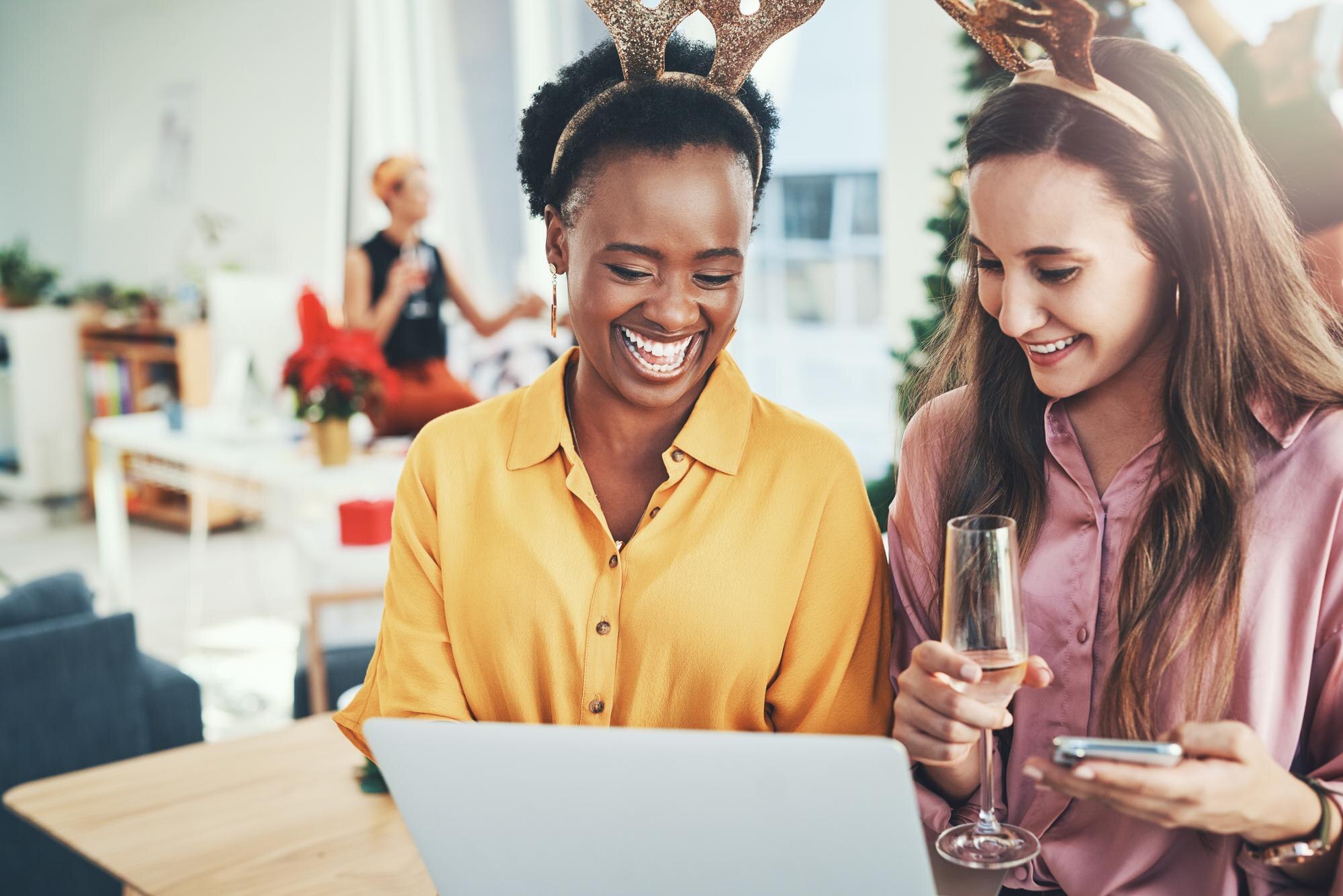 christmas business people and laptop in company at 46ce818f1bc33419a14d