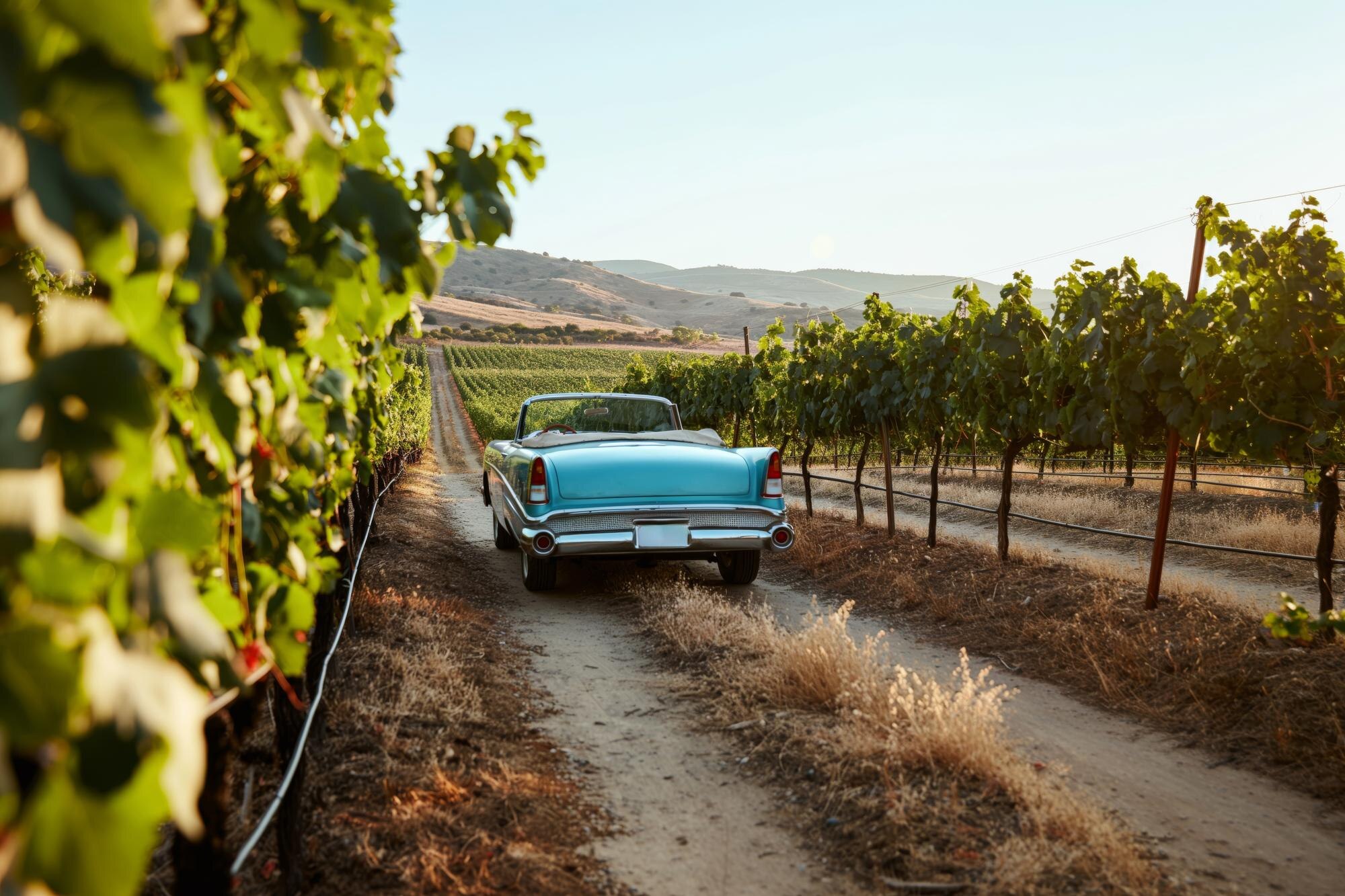 classic teal car driving on a dirt road amidst row b6bfecf201186f790b2e