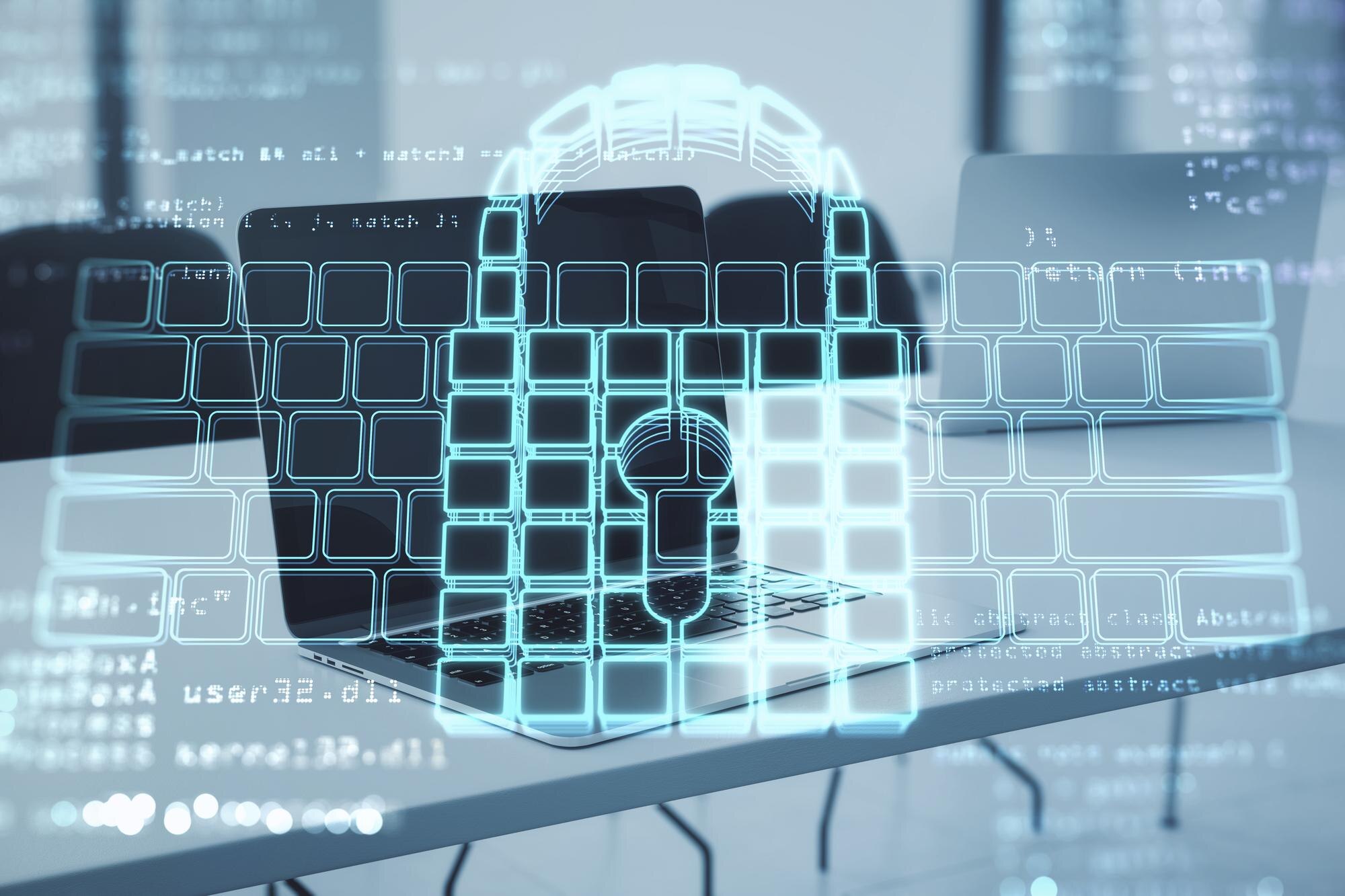 close up of notebook computer on desktop with abst 6de2345c1632d2673f17