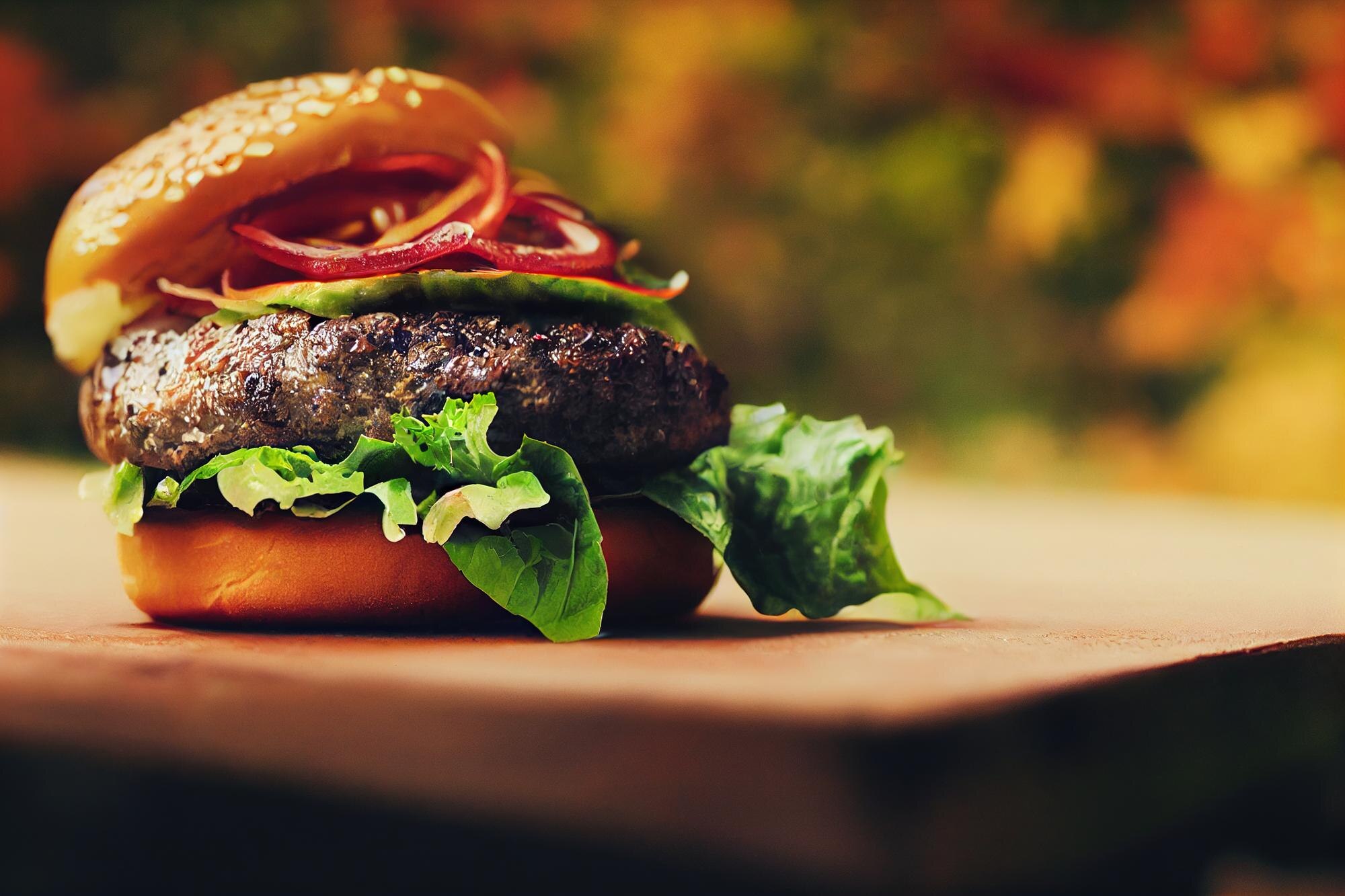 closeup burger on open air autumn background 474473bbbc37c8124095