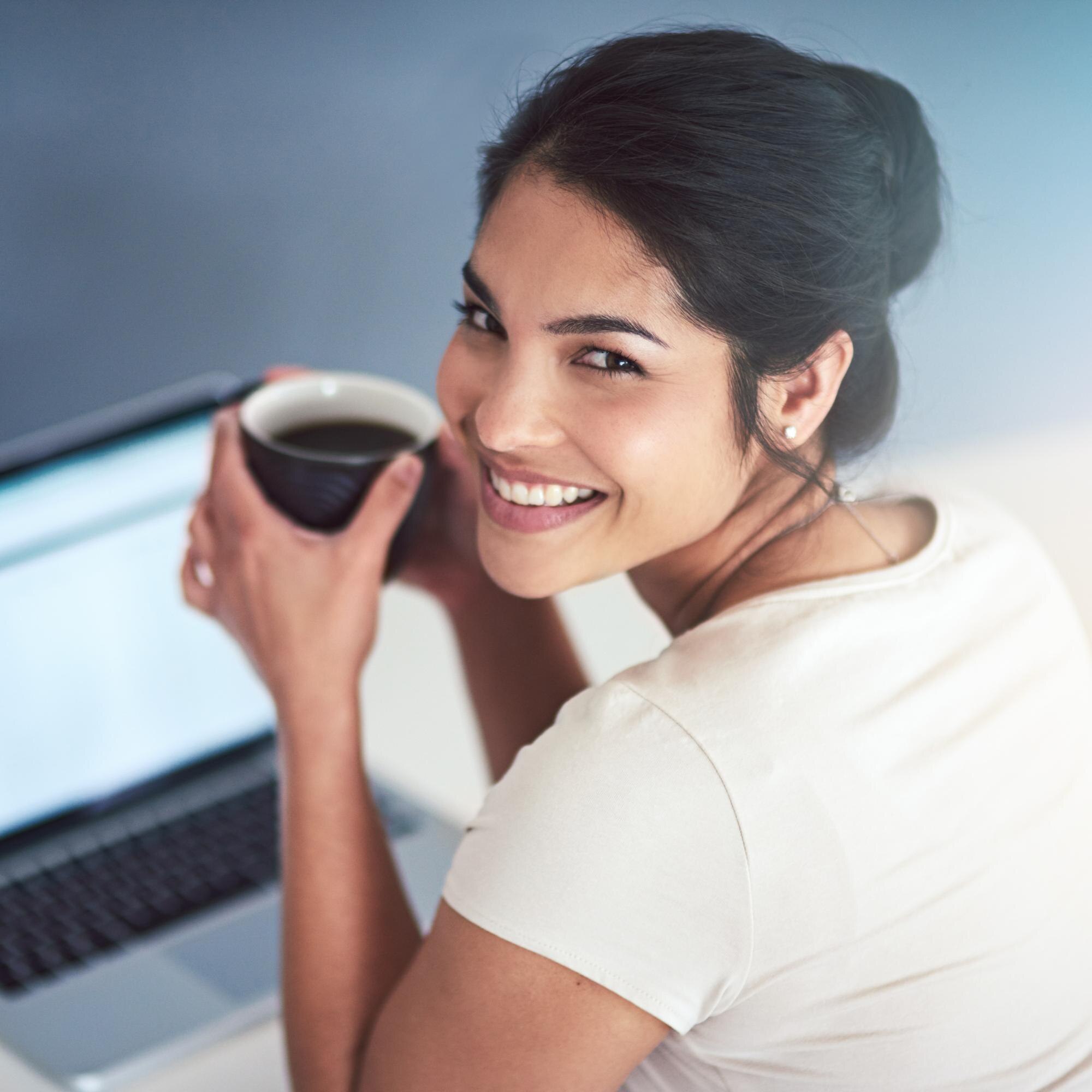 coffee portrait and woman in office with laptop sc 9a16c4f782776f8dcc32