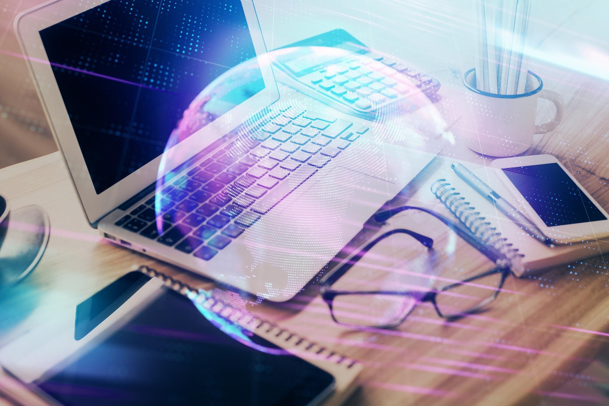 Computer On Desktop In Office With Technology Them 32f668333cca1abed949