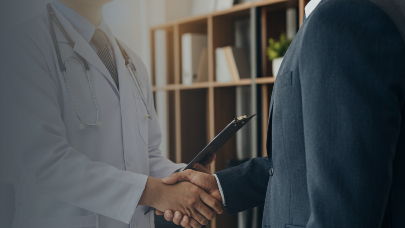 Doctor reviewing marketing plan with healthcare consultant