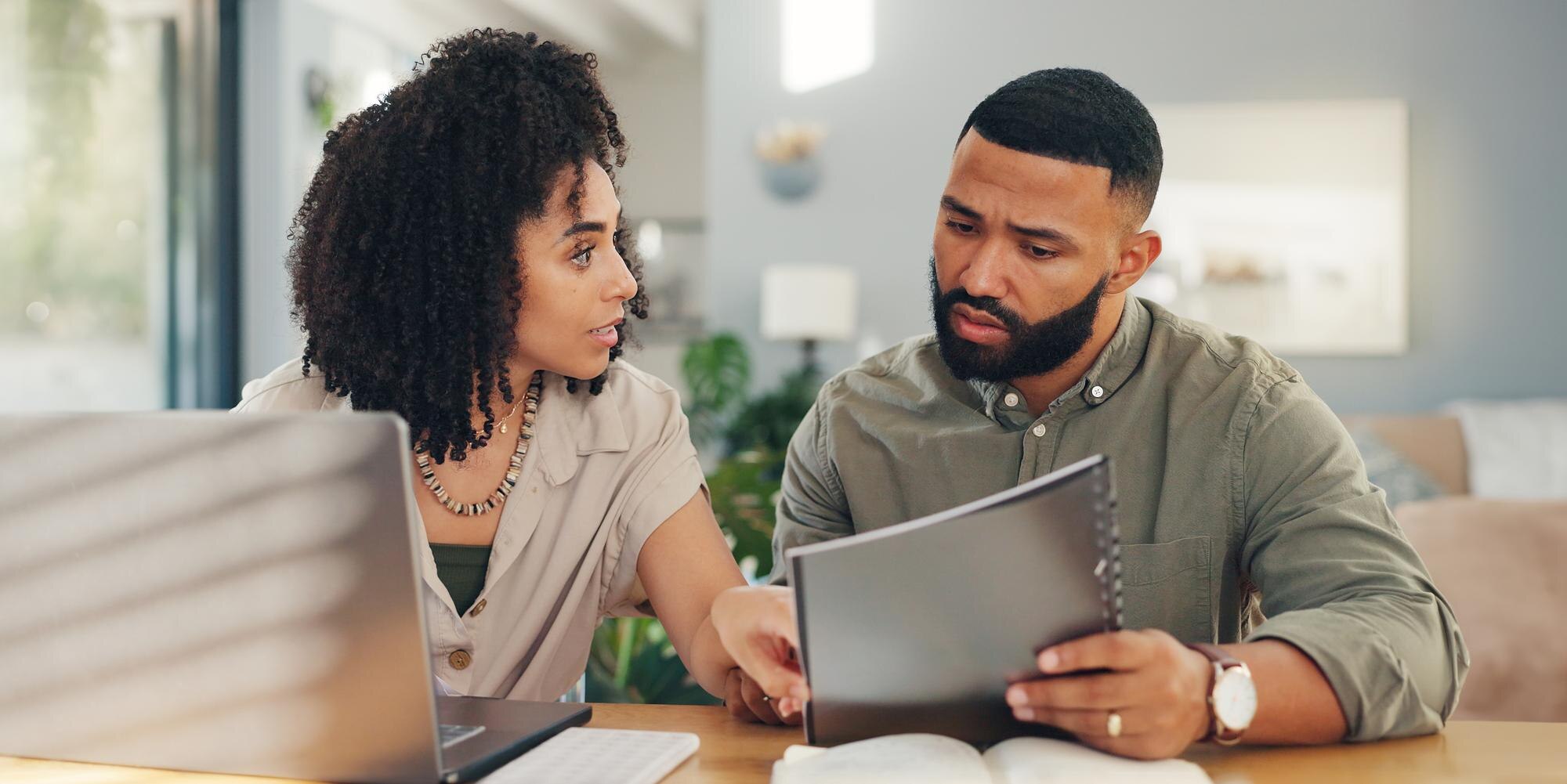 Couple Laptop And Paperwork Or Stress Conversation 7Cf54380A8Da1F61Fa7D